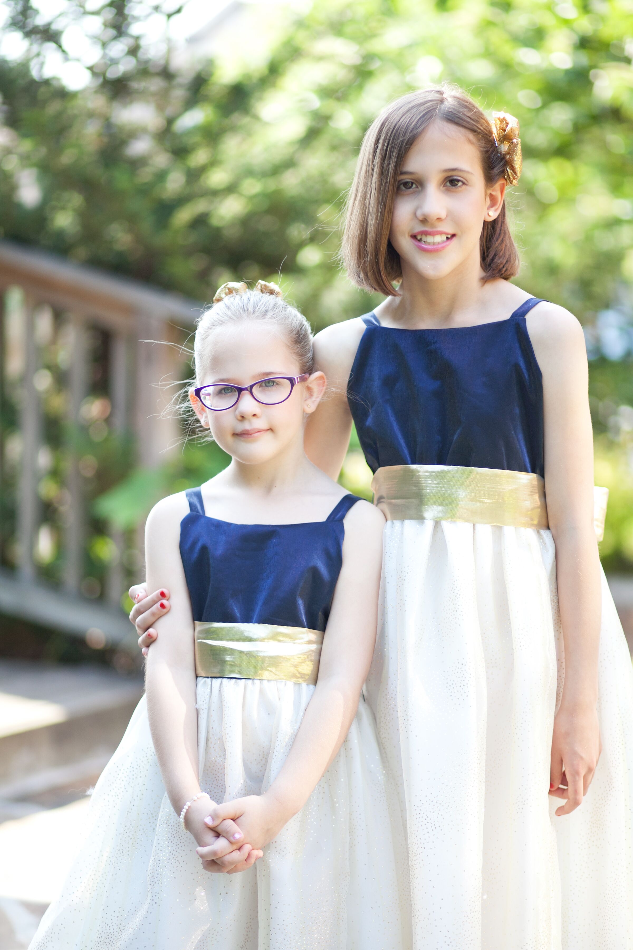 Navy Bodice Gold Belt Flower Girl Dresses