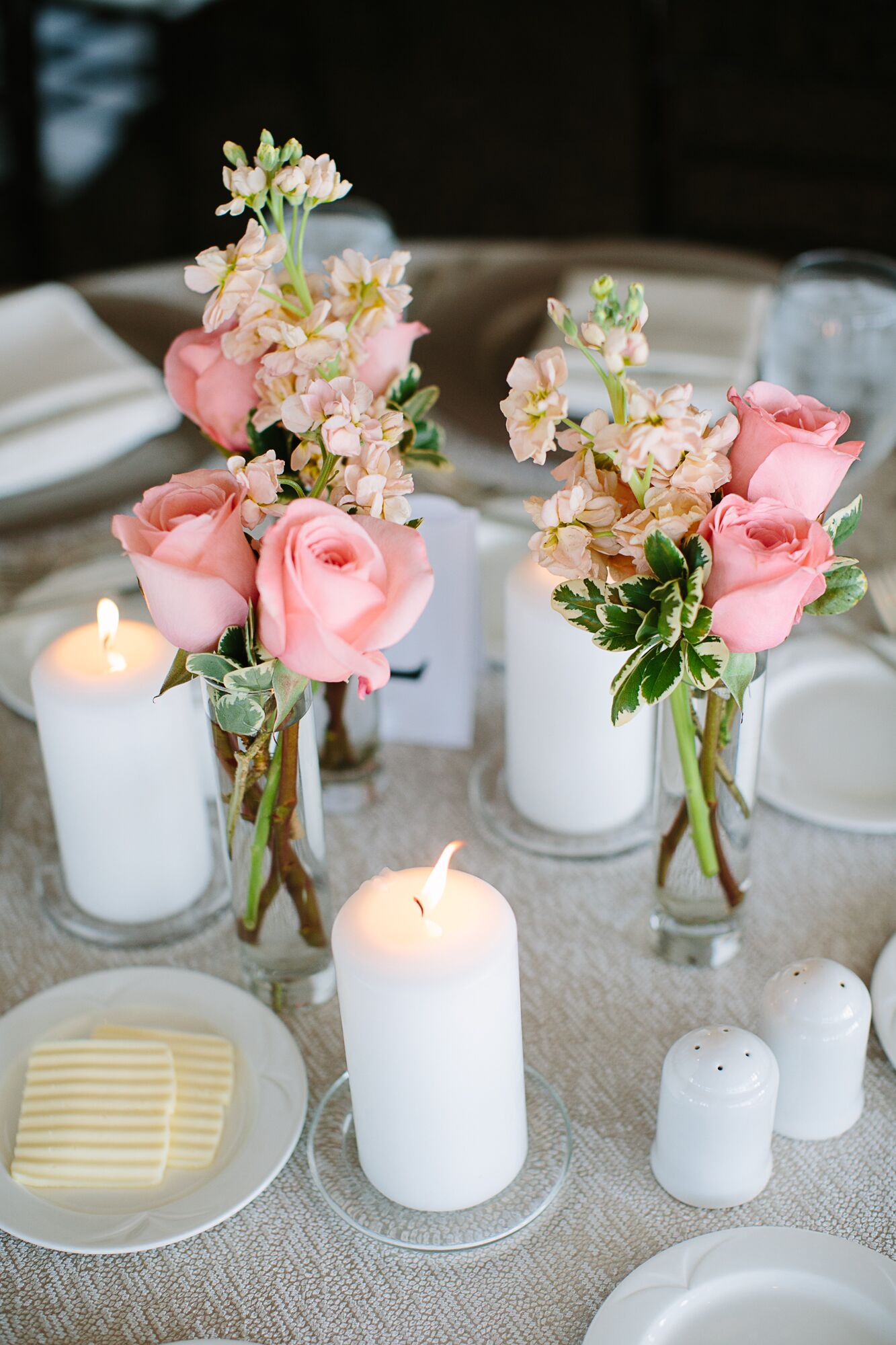 Coral Garden Rose and Candle Table Setting