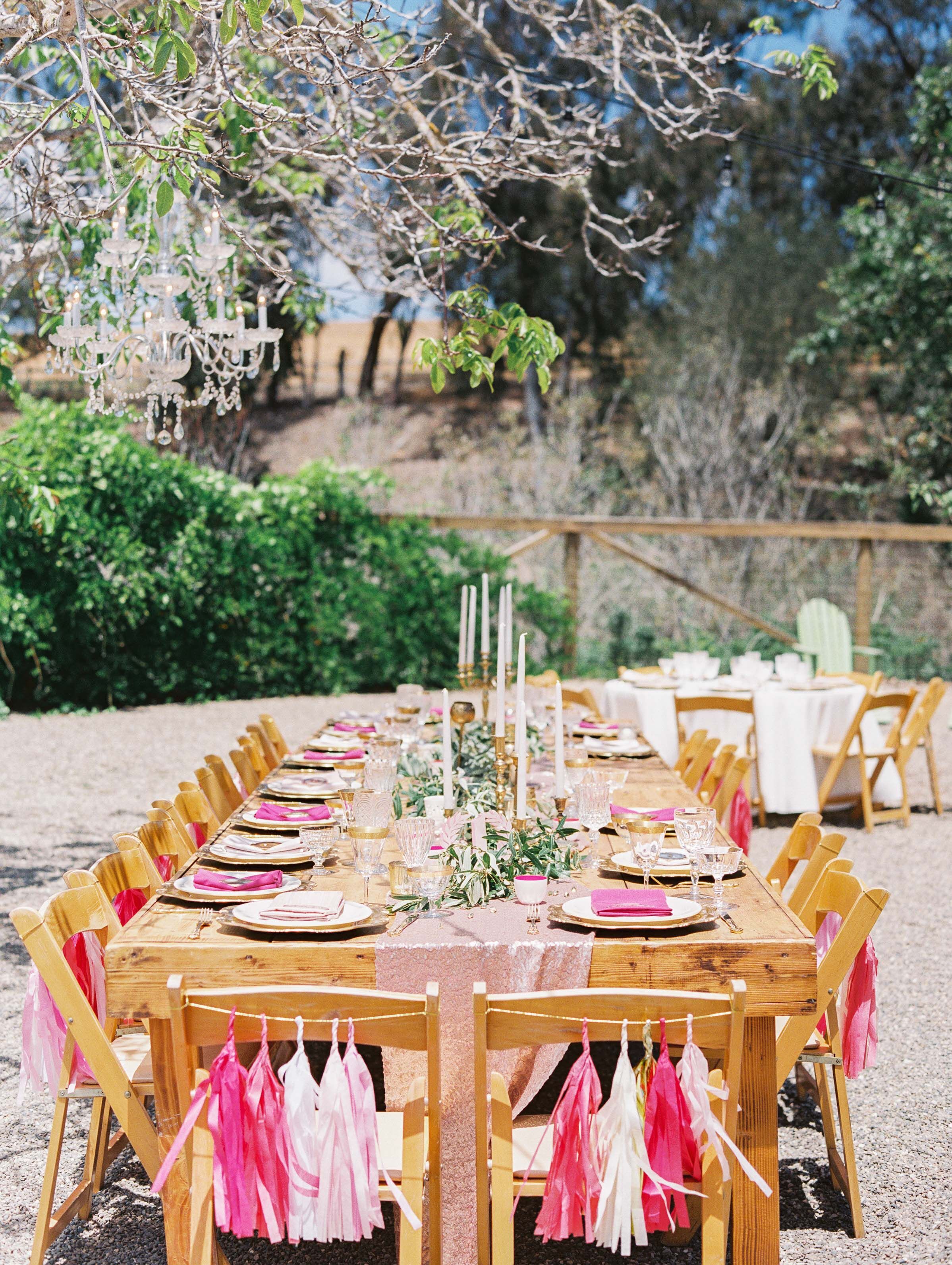 Wooden Dining Table With Pink Runner