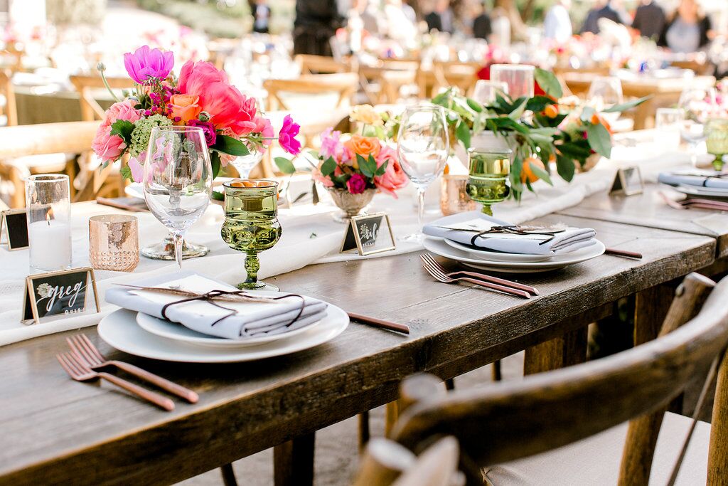 Farm Tables with Colorful Centerpieces and Rustic Place Settings