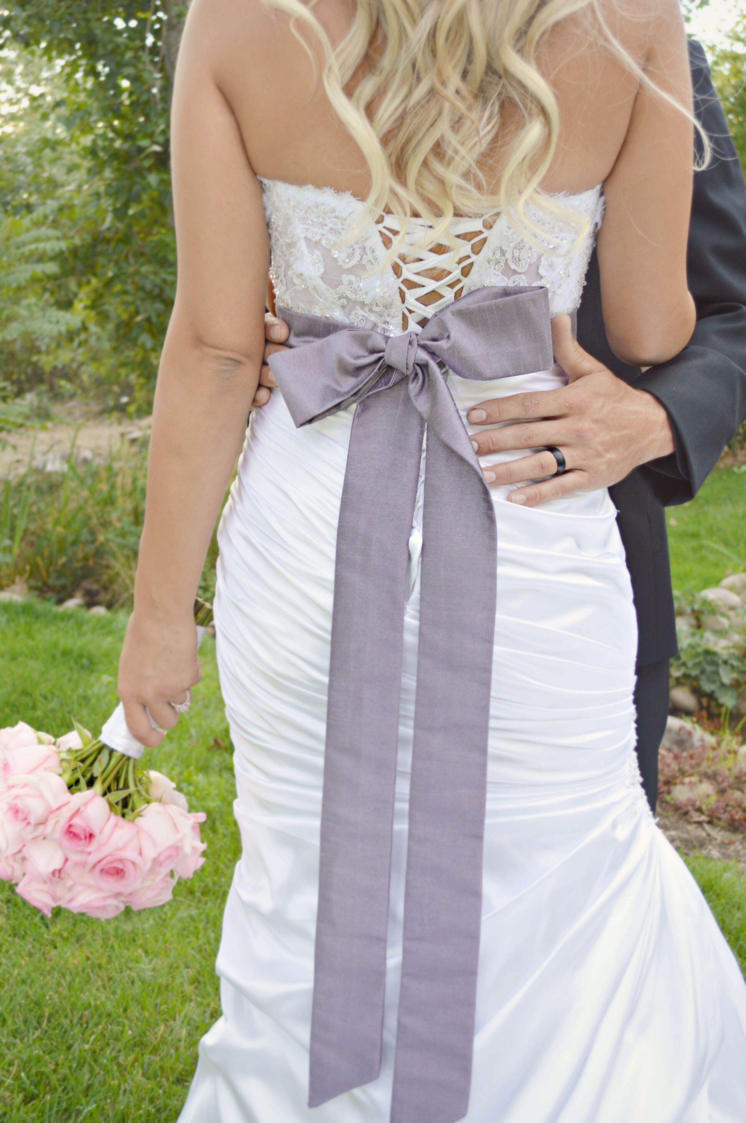 Corset Back Wedding Dress with Purple Bow