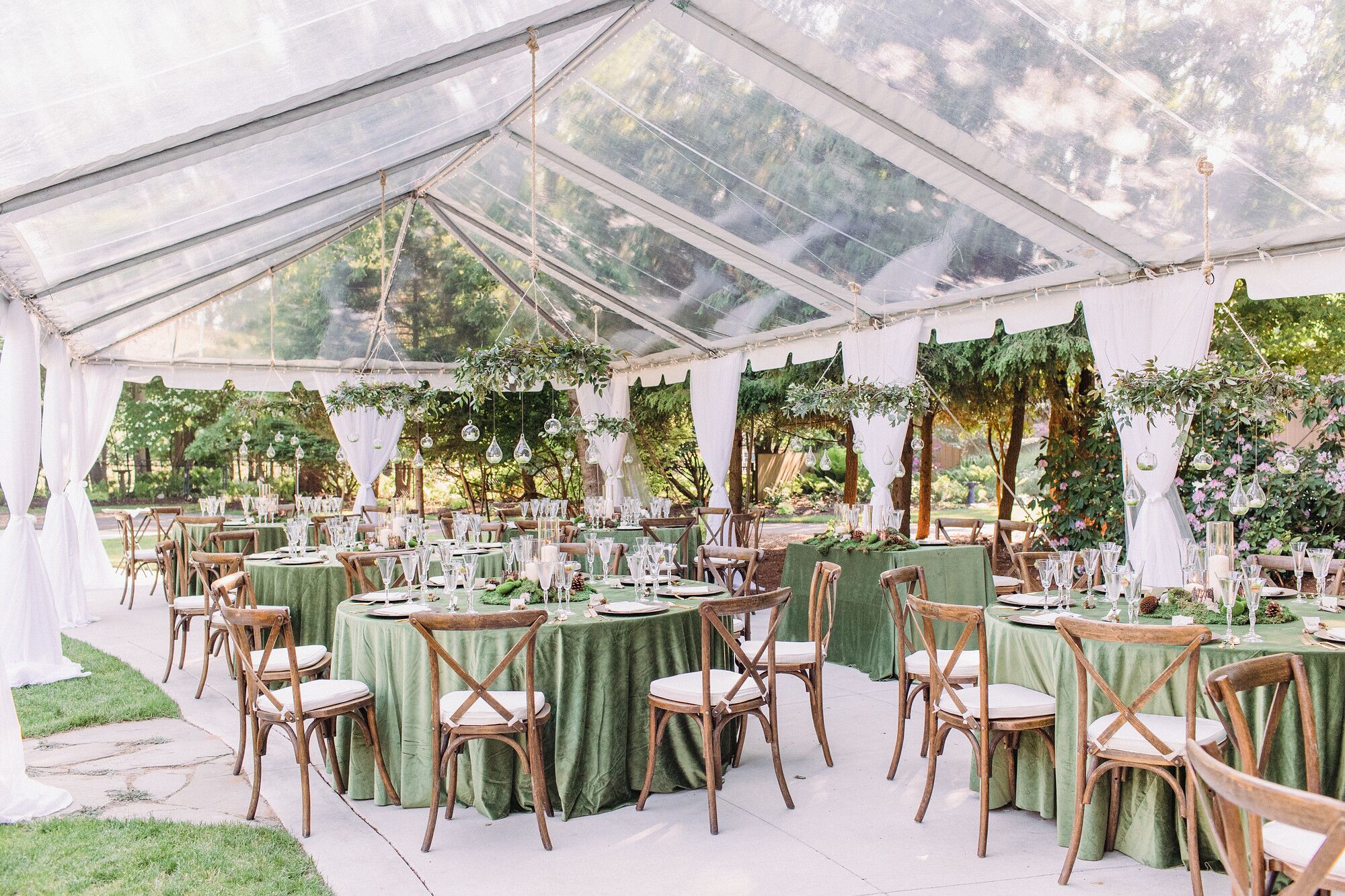 Woodland-Themed Tented Wedding Reception With Green Linens and Cross ...