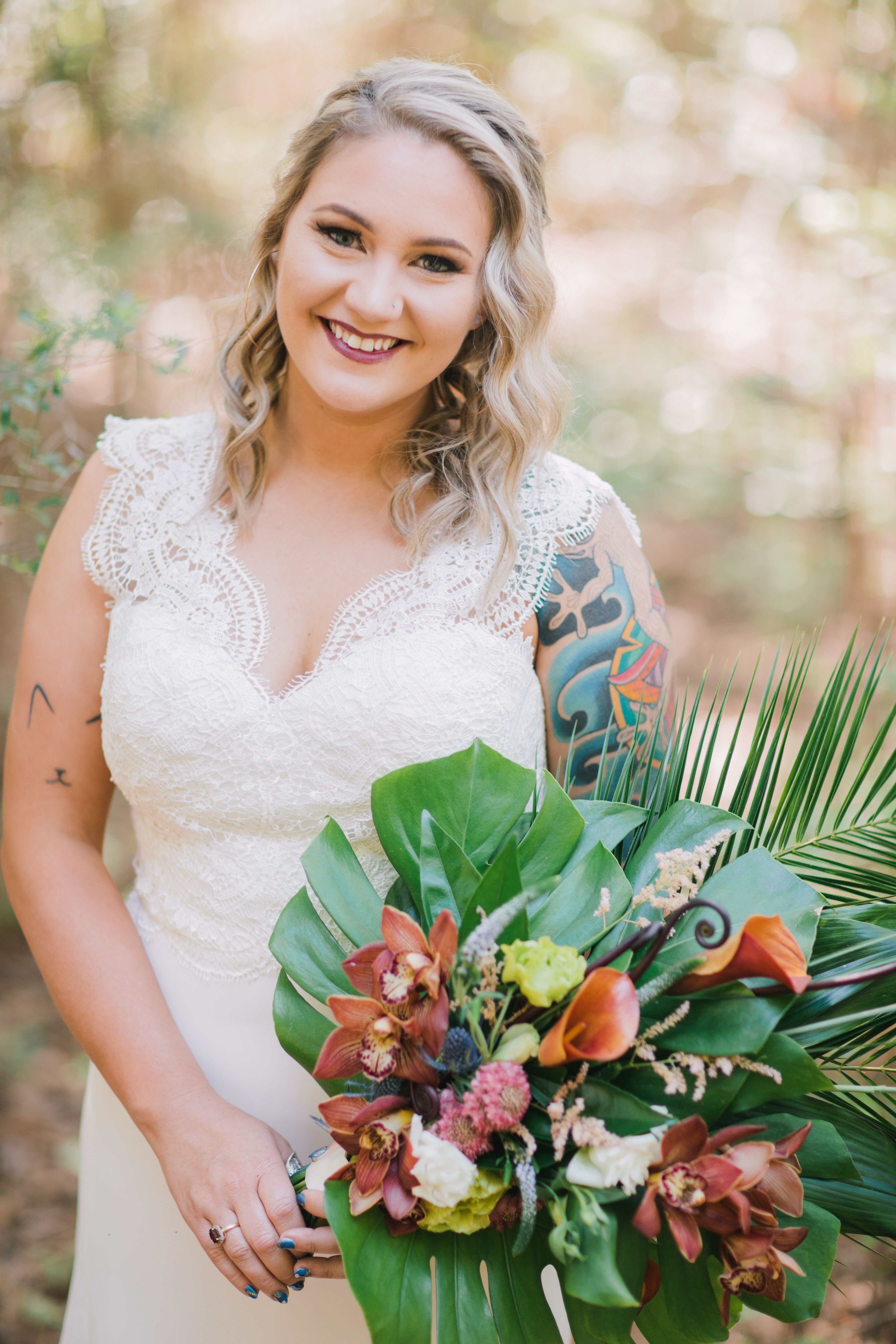 Tropical Bouquet with Orchids, Calla Lilies, Palm Fronds and Monstera ...