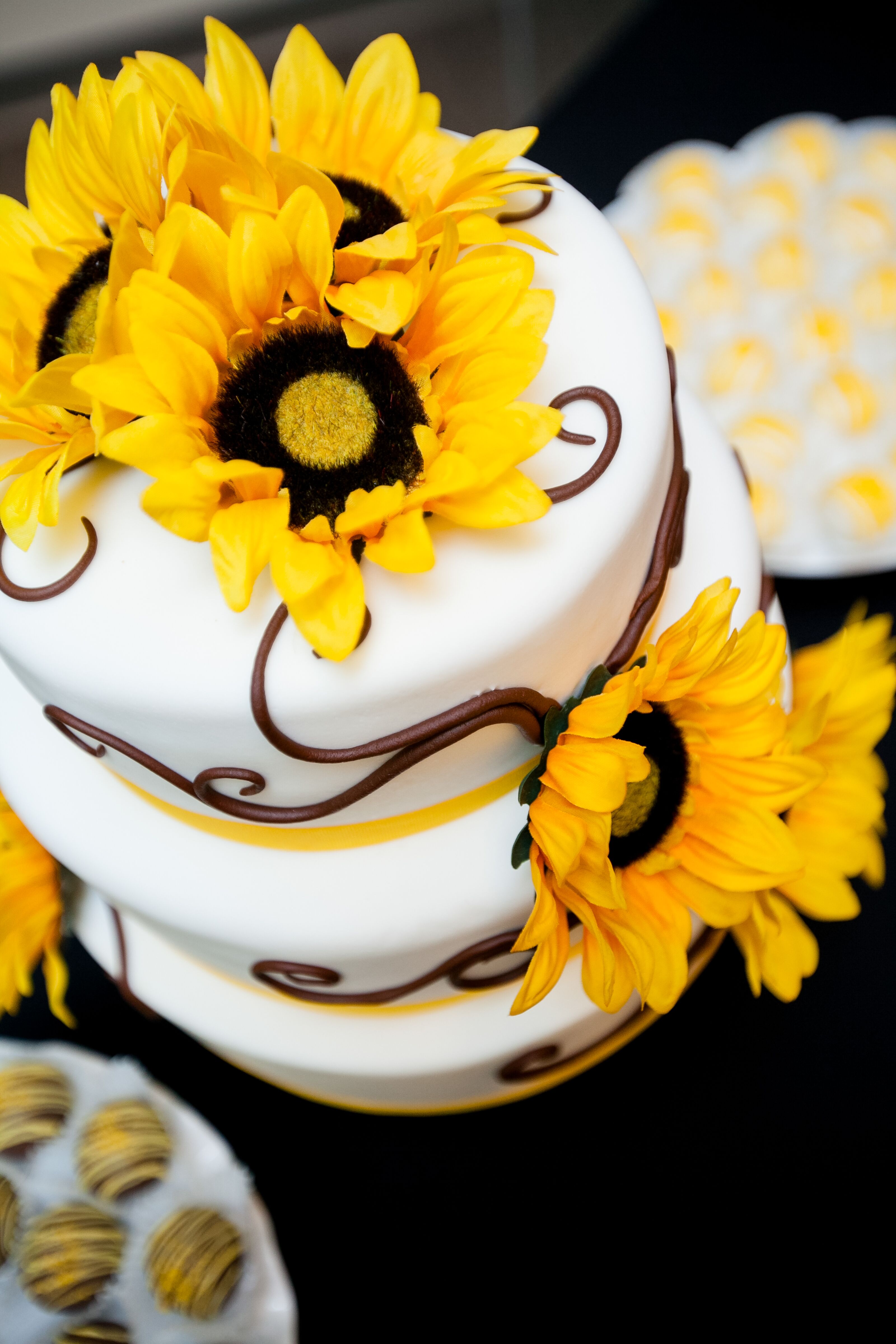 White Wedding Cake With Sunflower Decor