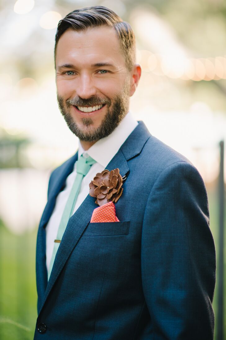 Navy Groom s  Suit with Leather Flower Lapel Pin
