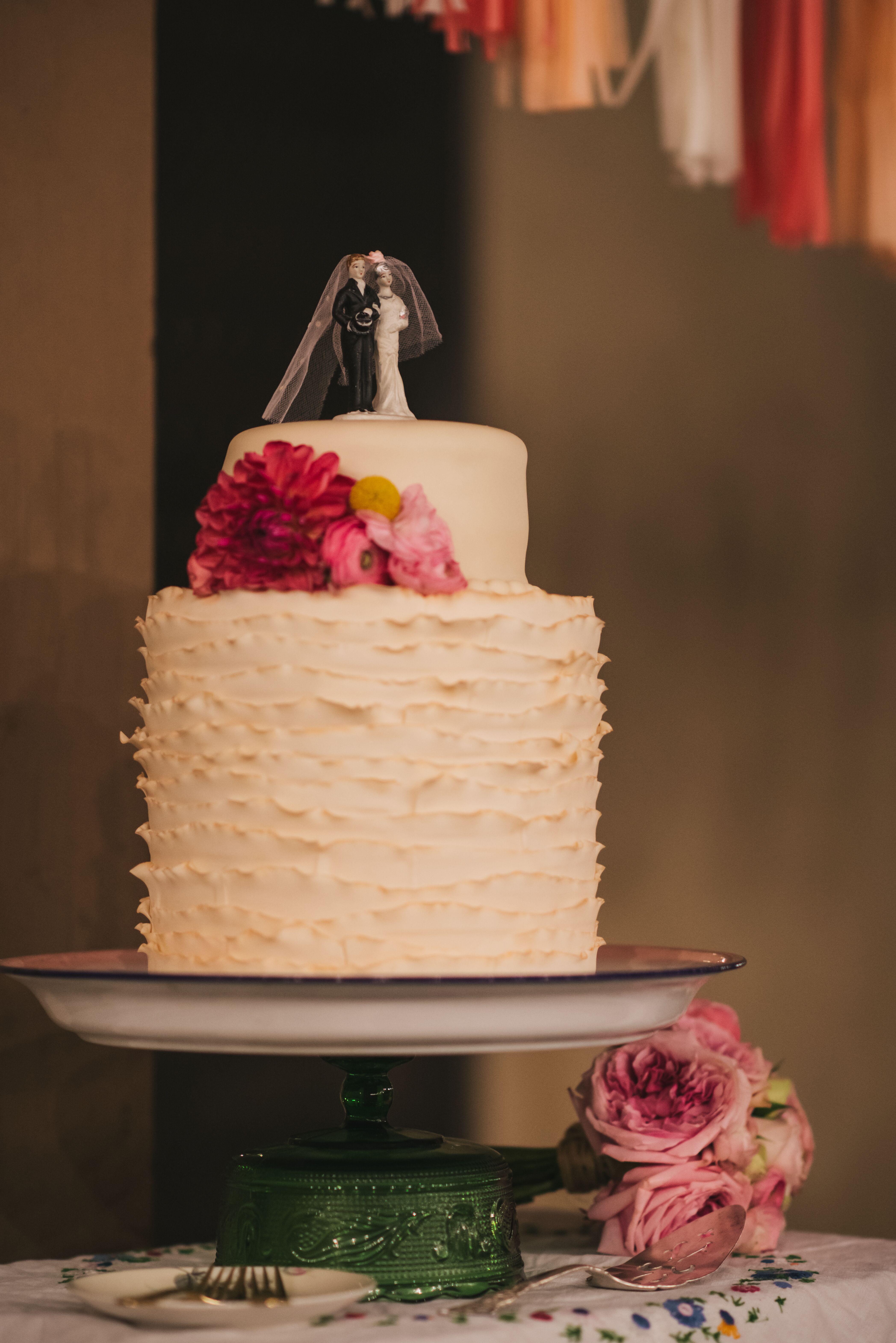 Tall Two Tier Ruffled Wedding Cake