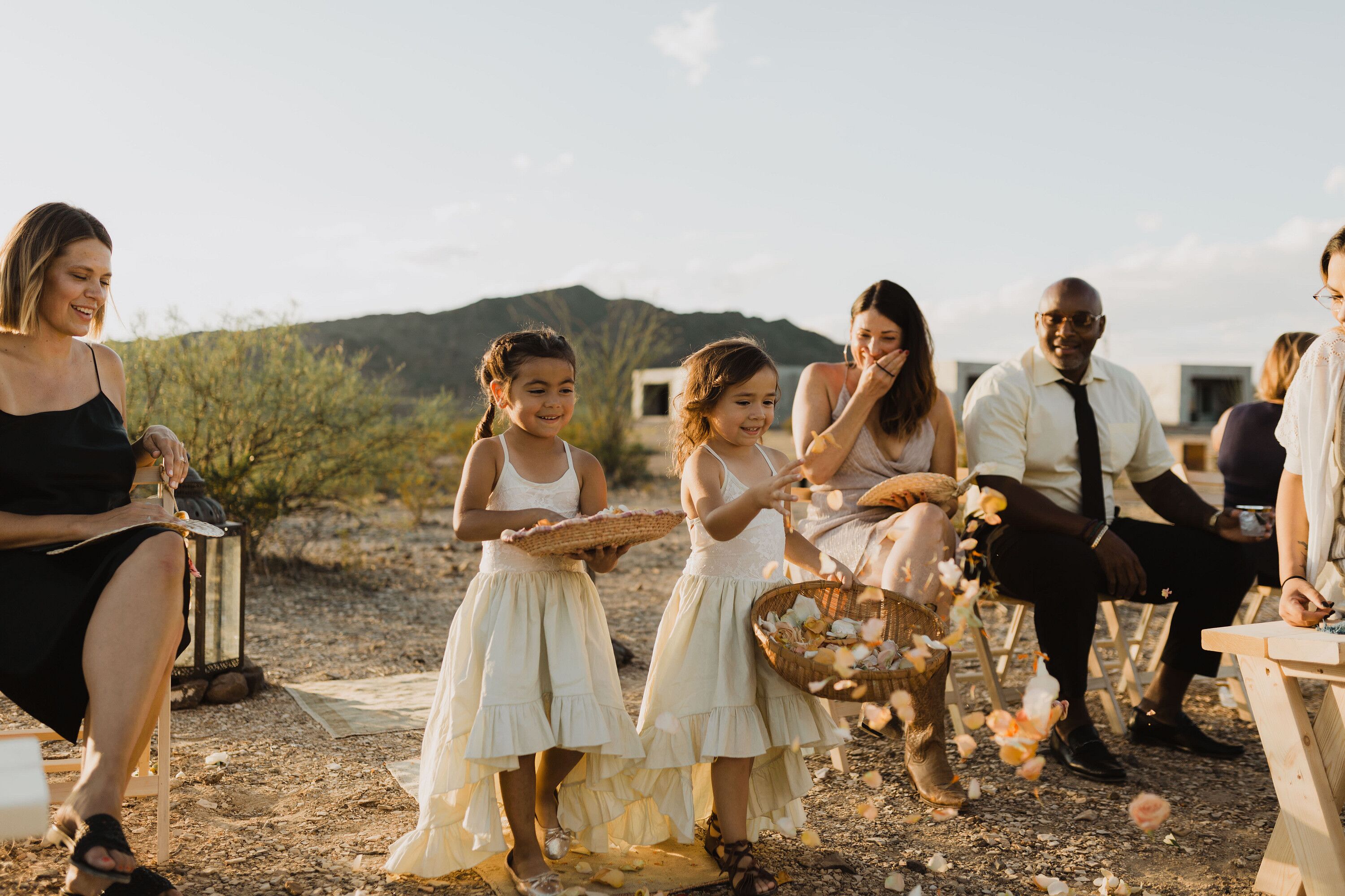 Bohemian Flower Girls with White Dresses and Woven Baskets