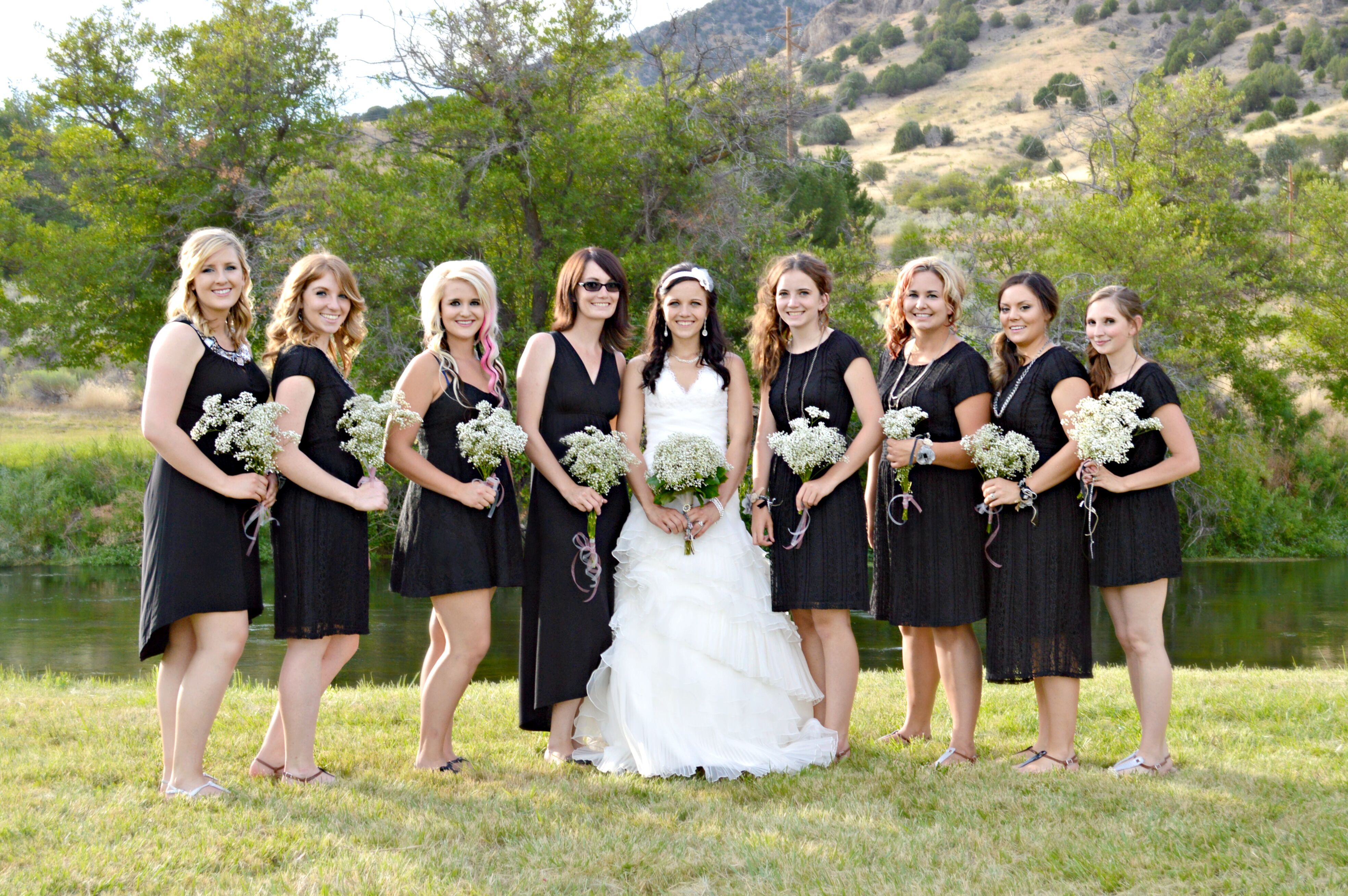 Different Styled Black Bridesmaid Dresses and Sandals