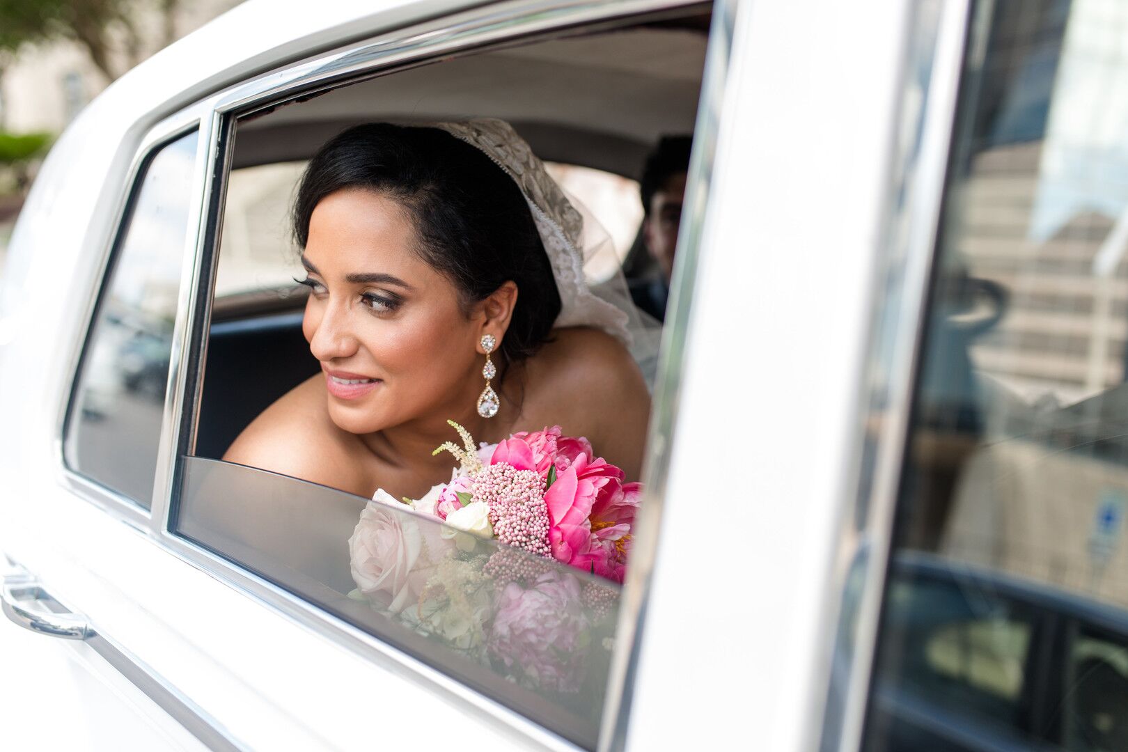 Bride in Vintage Car at Wedding in Austin, Texas