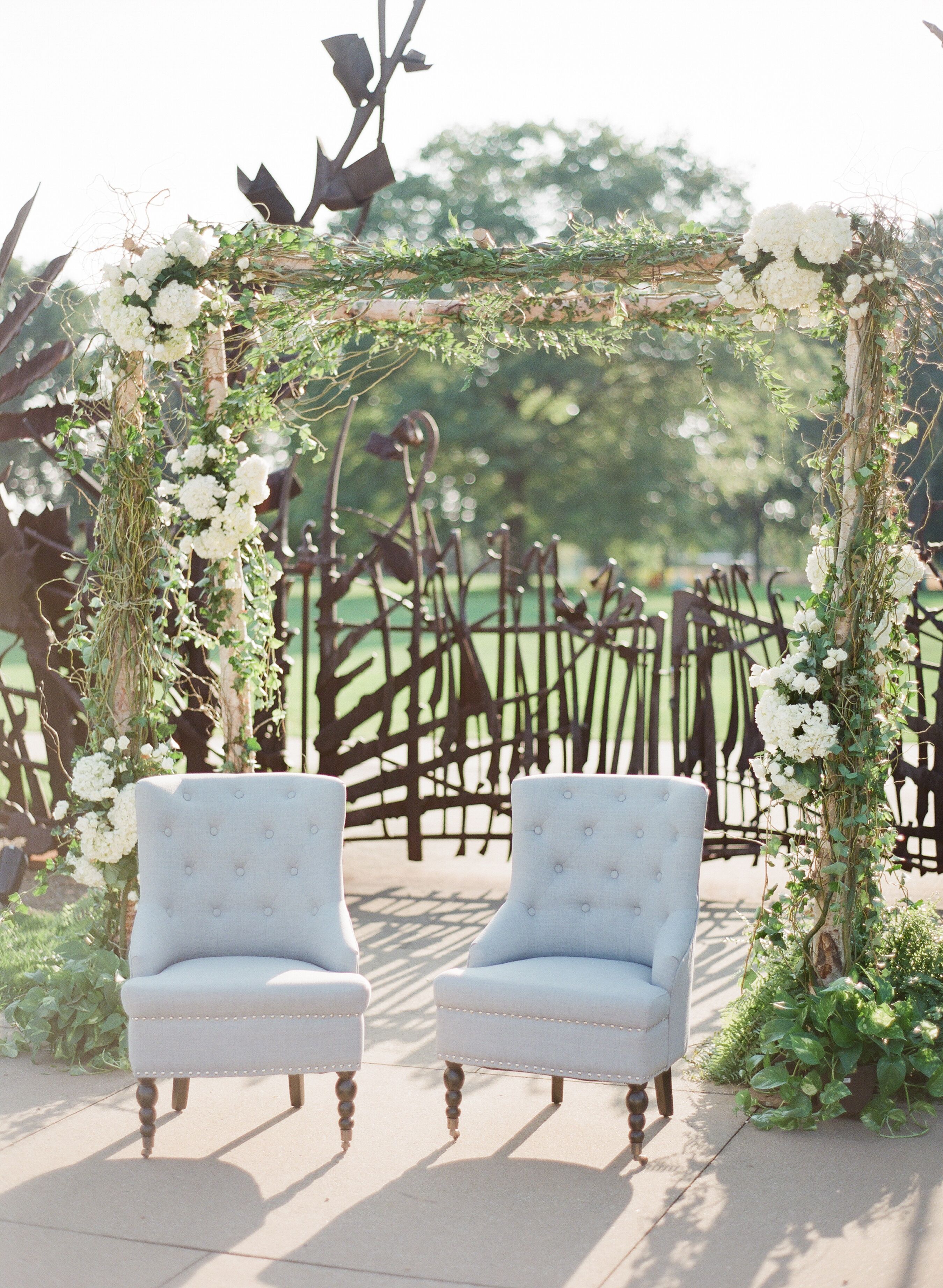 Birch Wedding Arch and Tufted Pale Blue Chairs