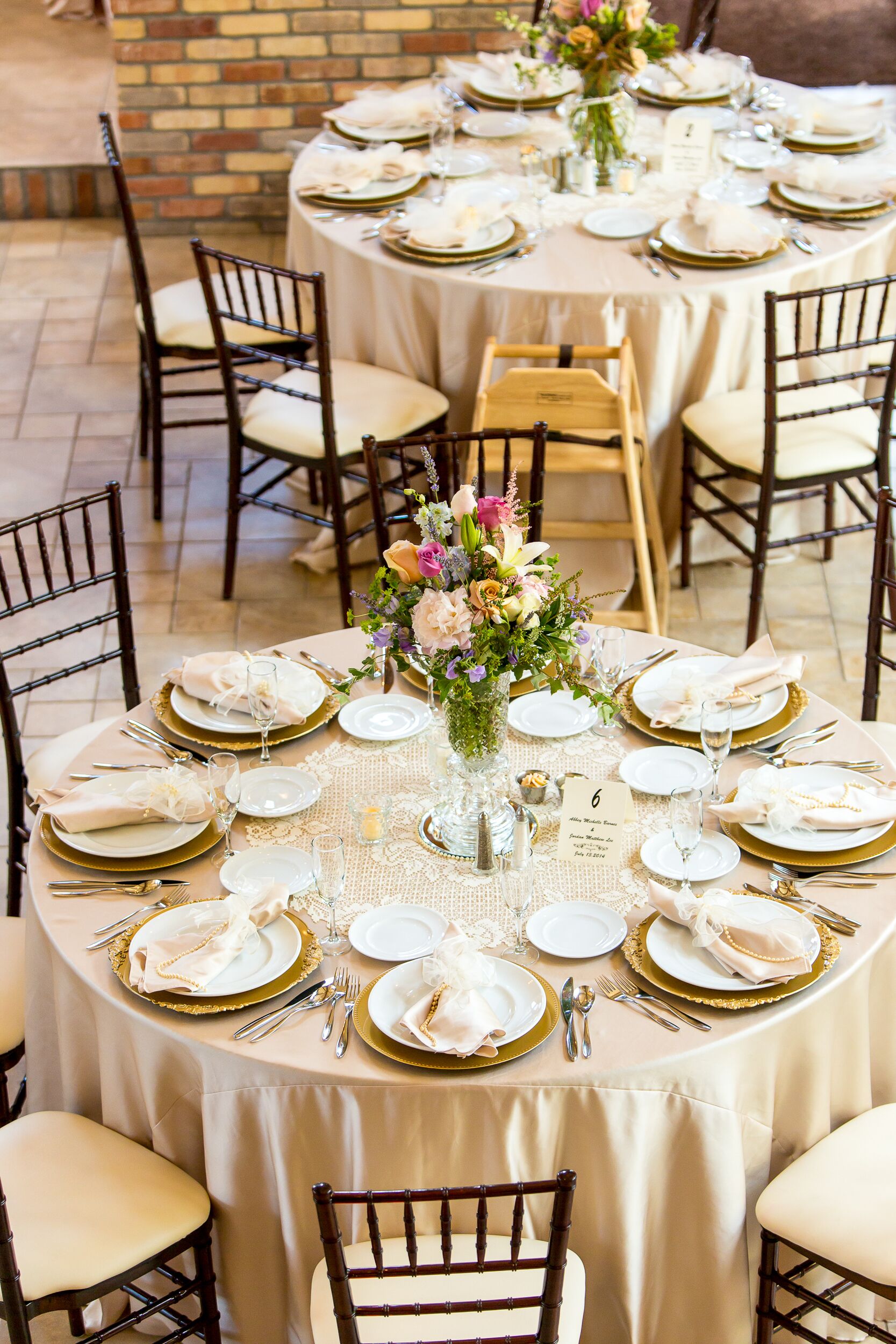 Champagne-Colored Linen, Oversize Lace Doily Reception Table Decor