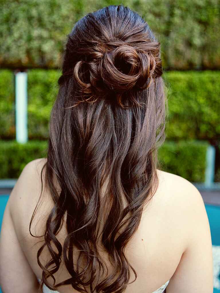 Half-Up Wedding Hairstyle Ideas With Curls, Flowers and Braids