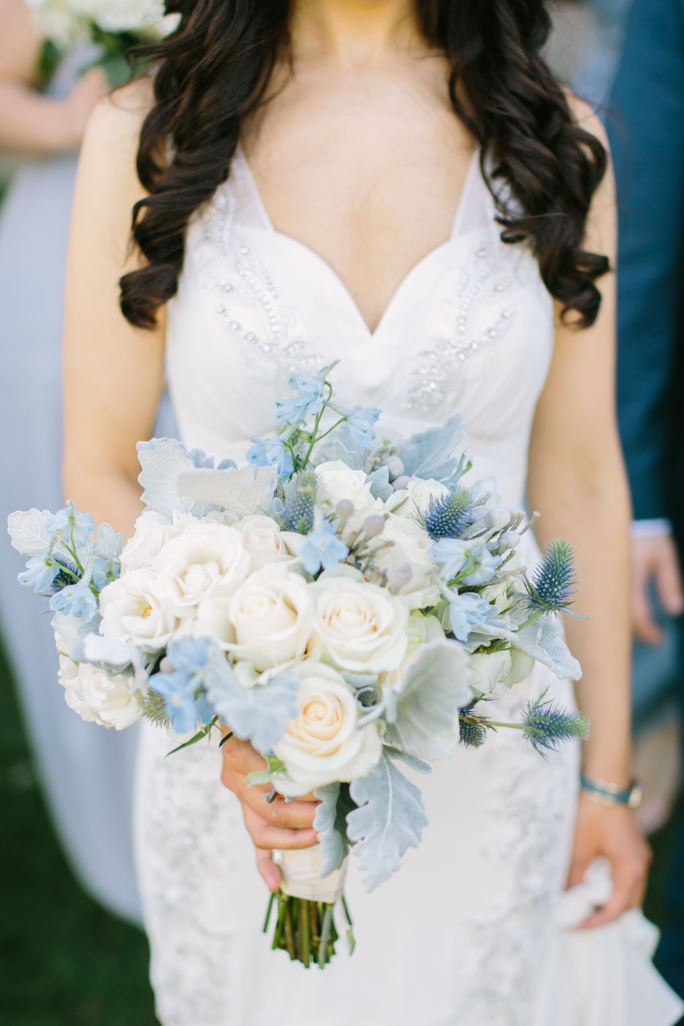 Pale Blue Delphinium Thistle And Dusty Miller Bouquet 6399