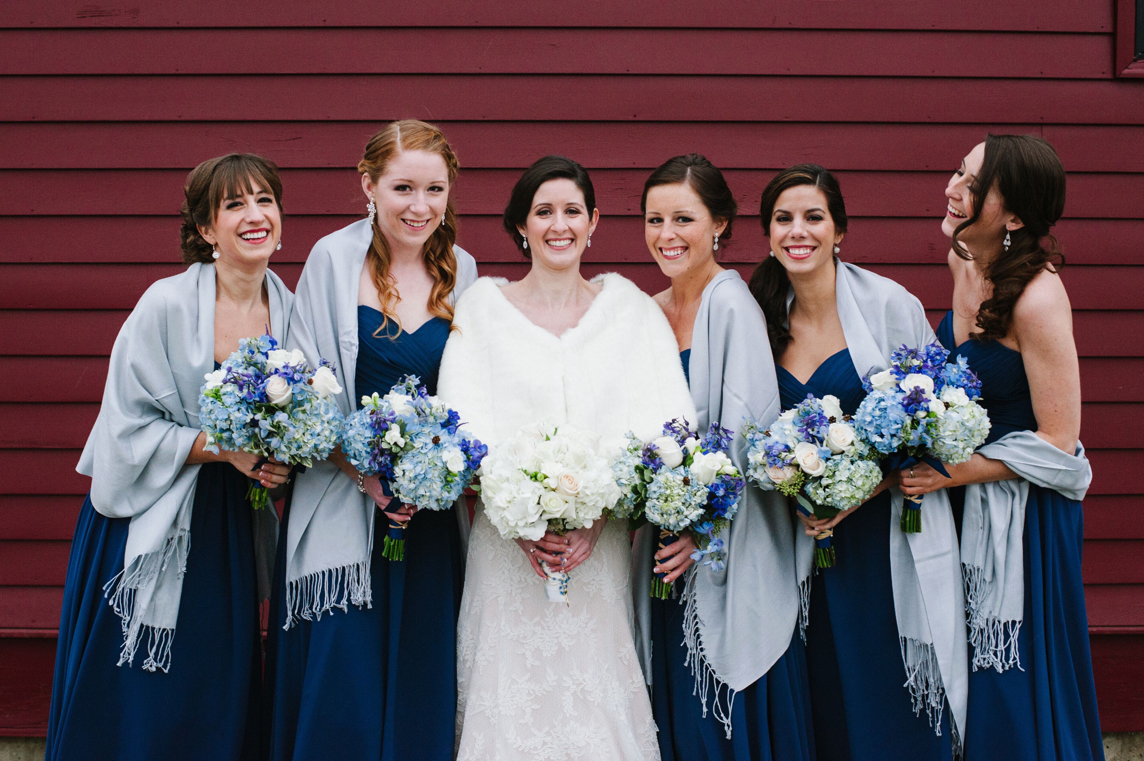 Navy Bridesmaid Dresses with Icy Blue Pashminas