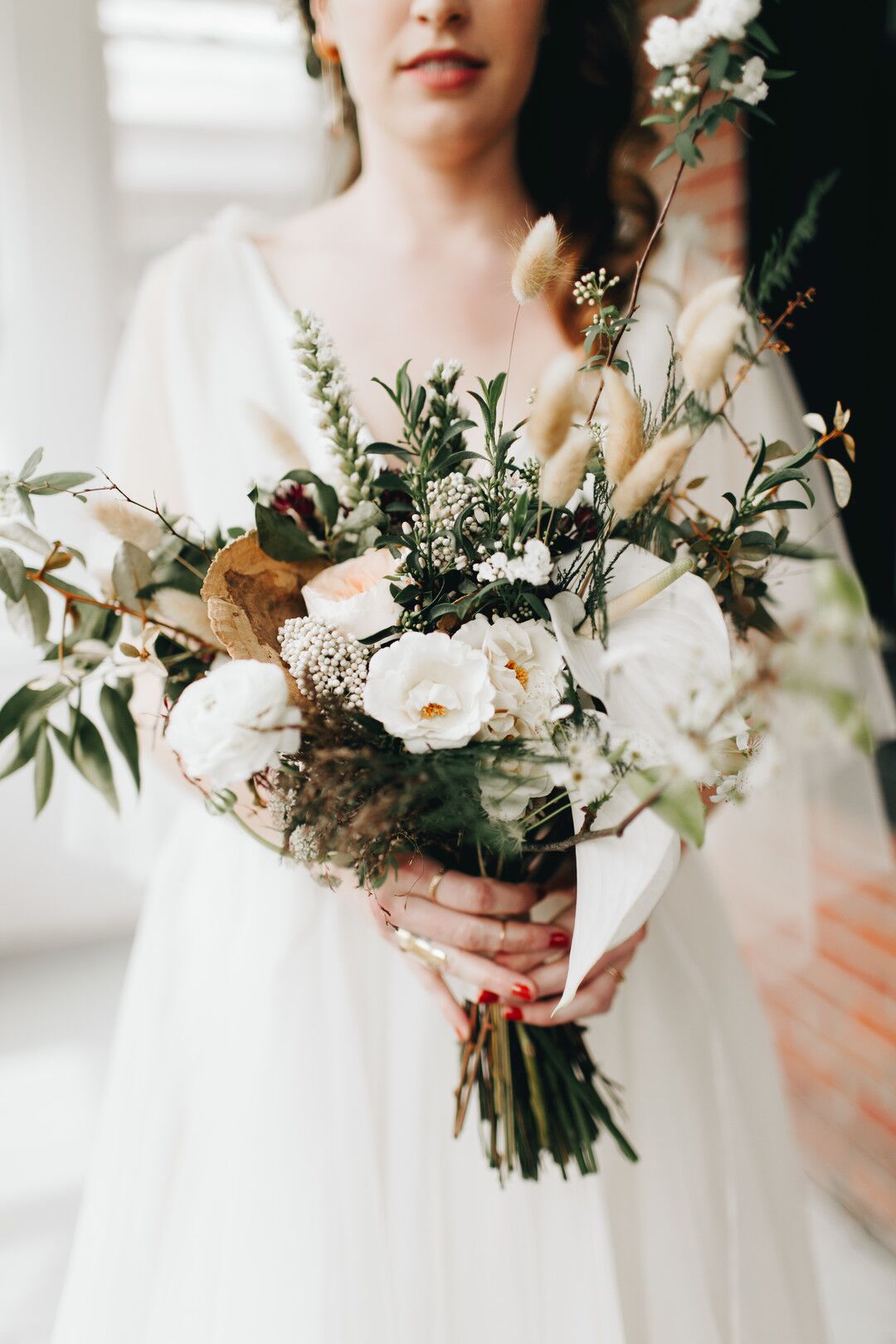 Natural Muted Bouquet of Ranunculus, Chocolate Lace, Rice Flowers and ...