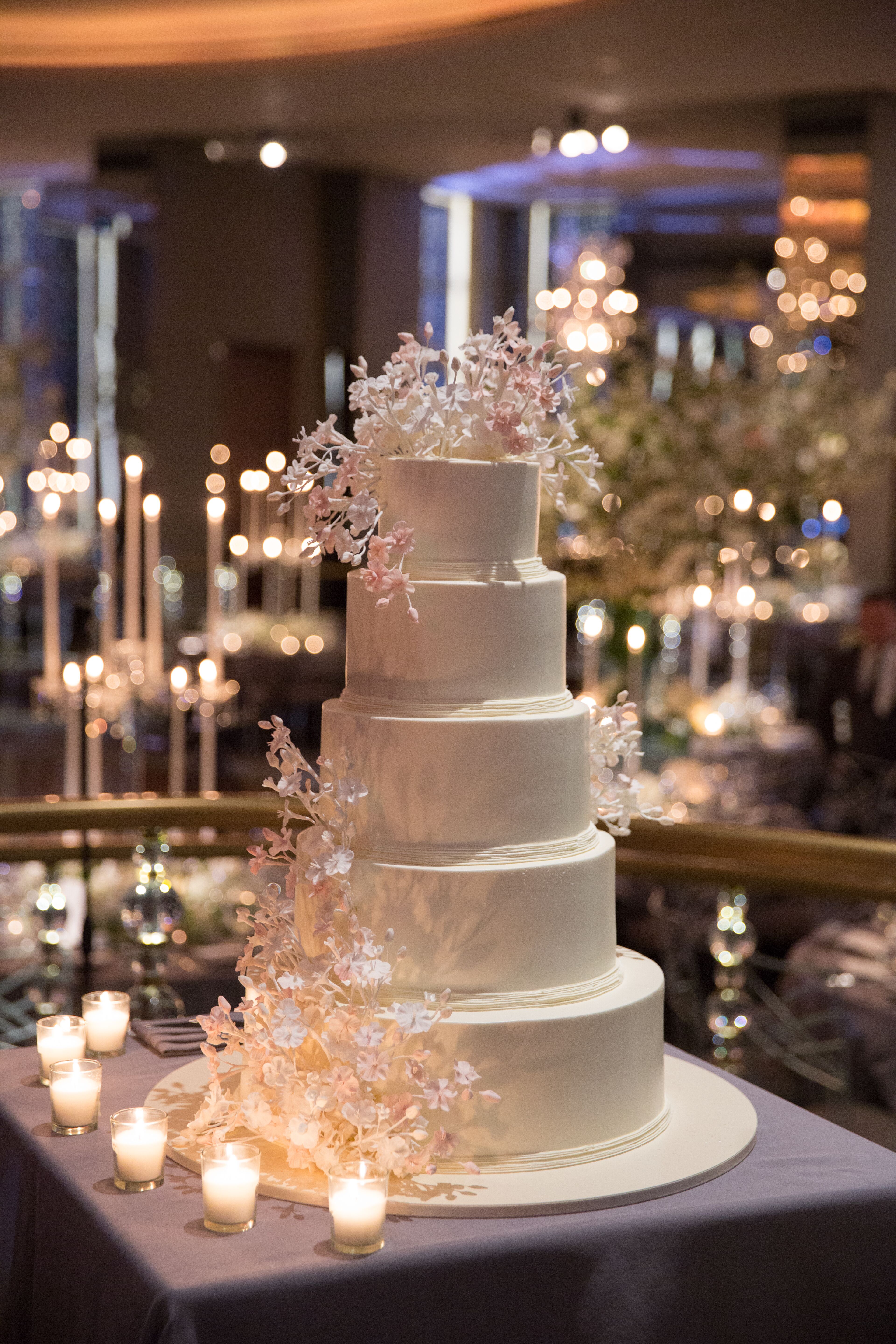 Cherry-Blossom-Topped Fondant Wedding Cake