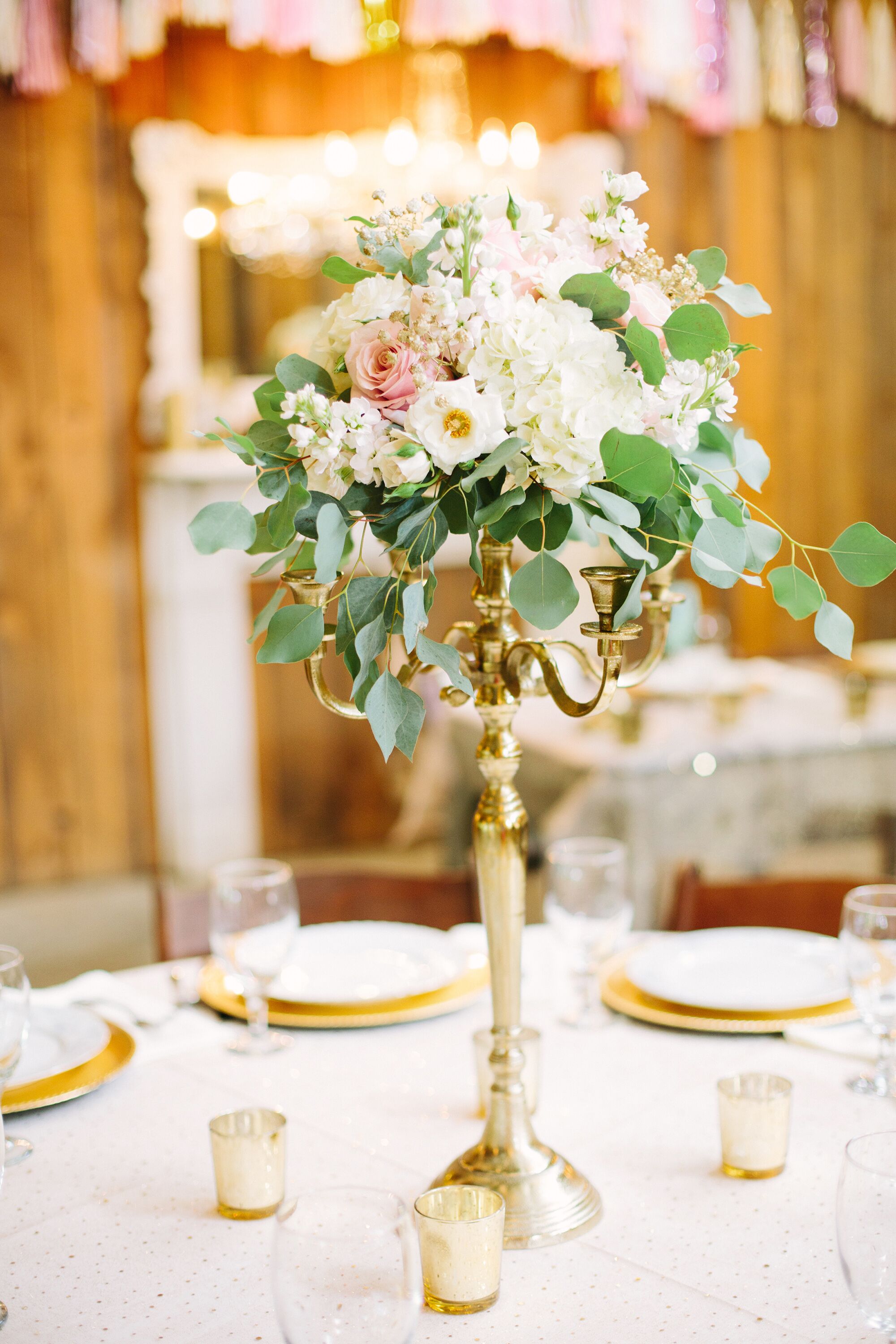 Gold Candelabra Centerpiece With Blush and Ivory Flowers