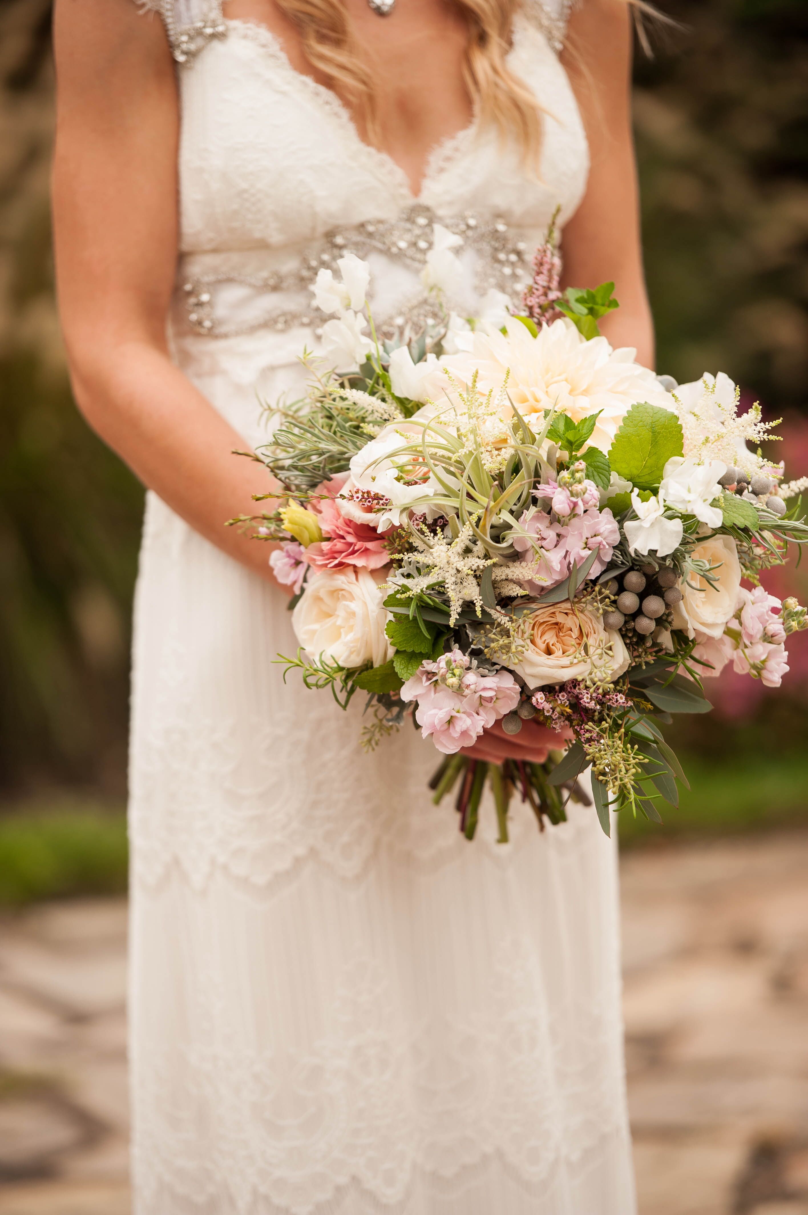 Dahlia, Tillandsia, Silver Brunia Lush Bridal Bouquet