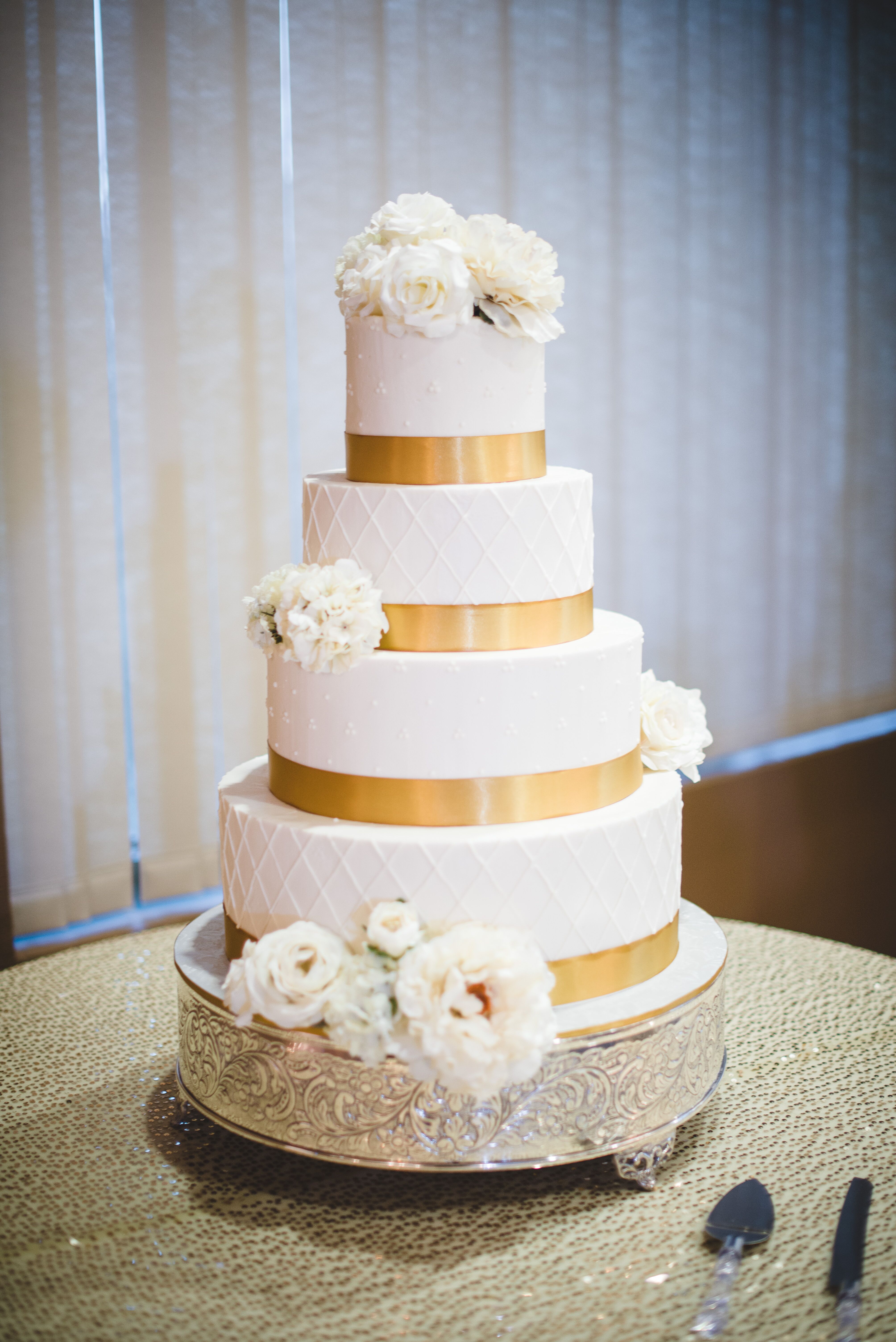 Quilted Gold Ribbon Wedding Cake