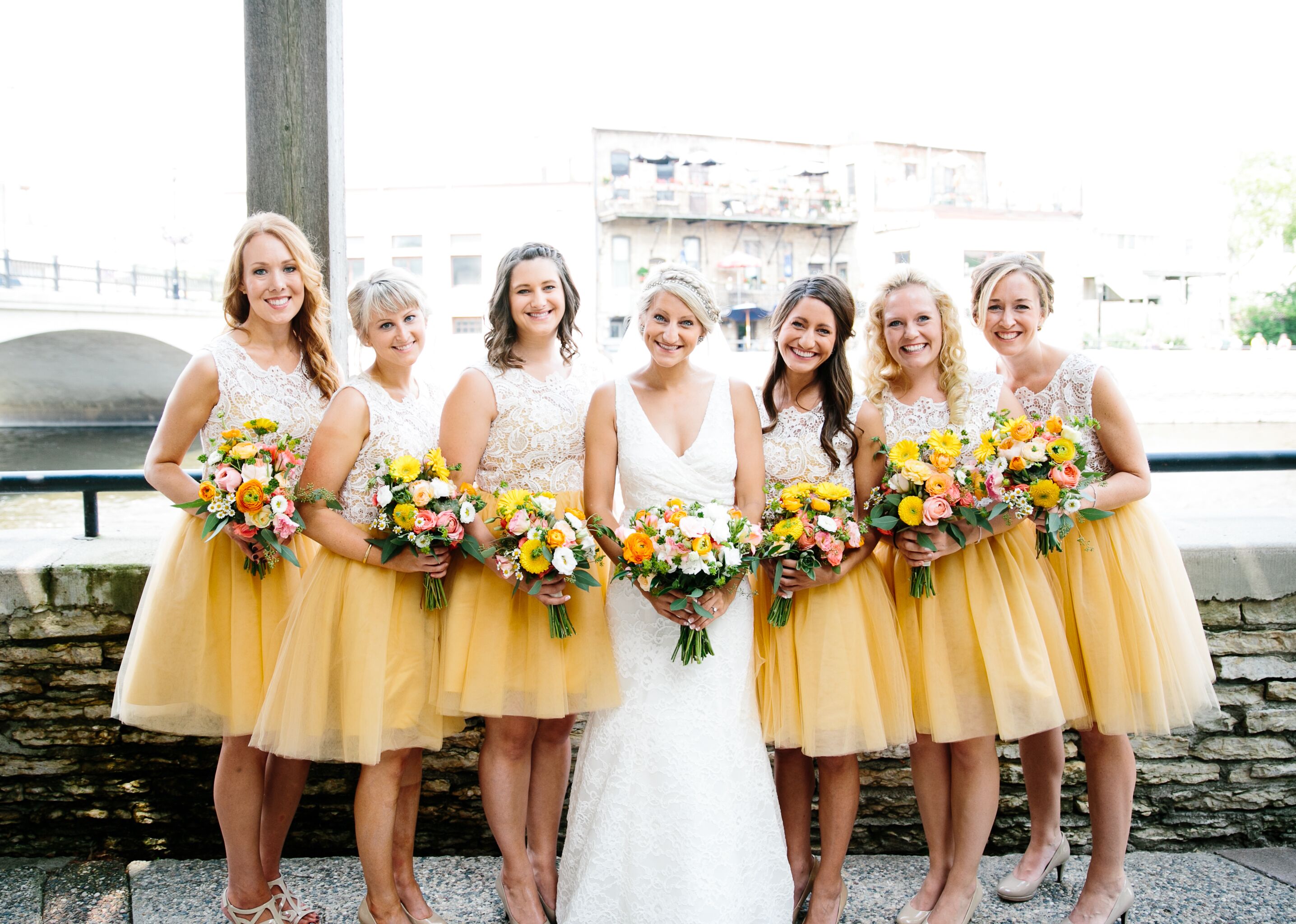 white and yellow bridesmaid dresses