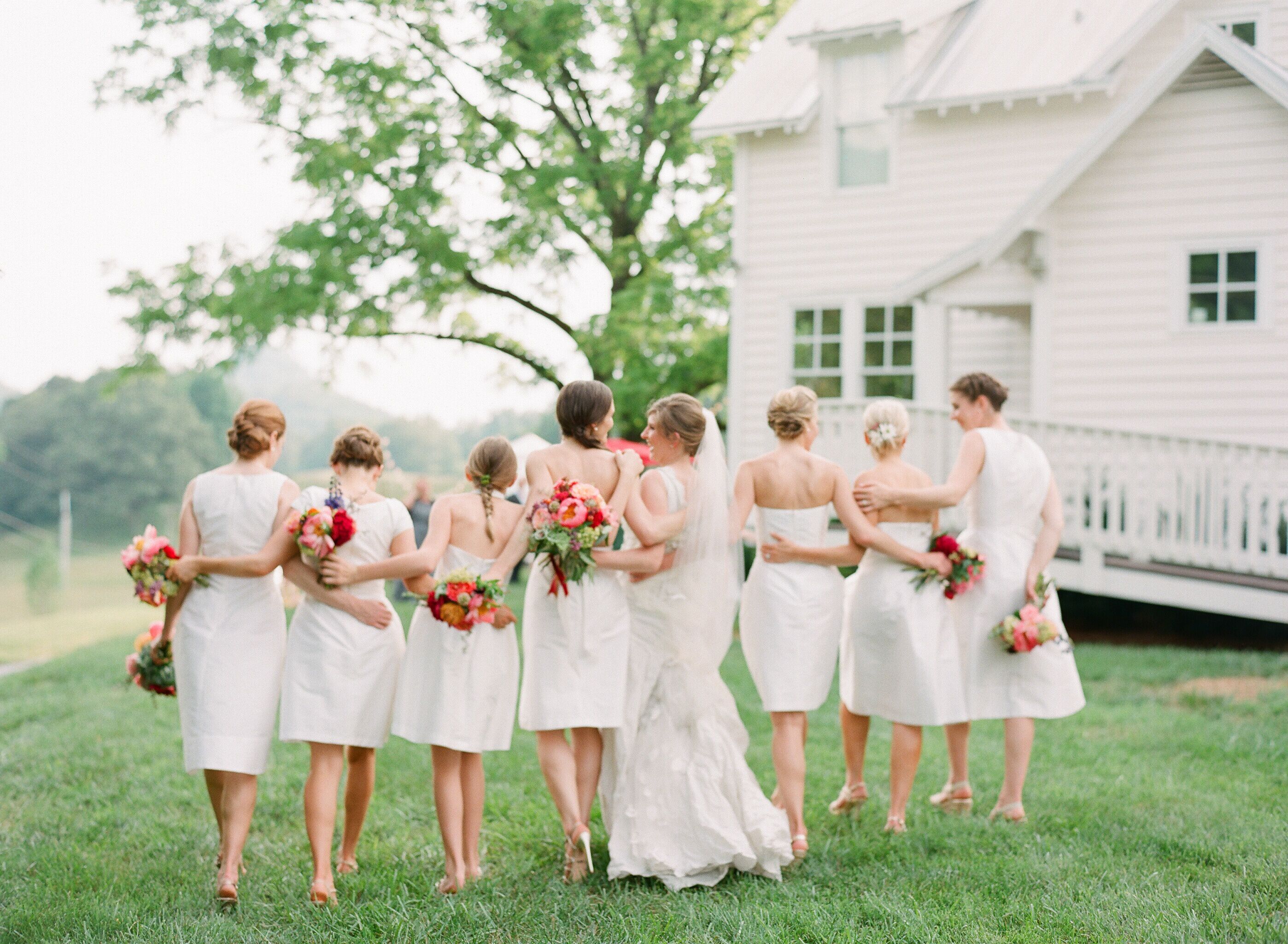 White Bridesmaid Dresses With Gold Shoes