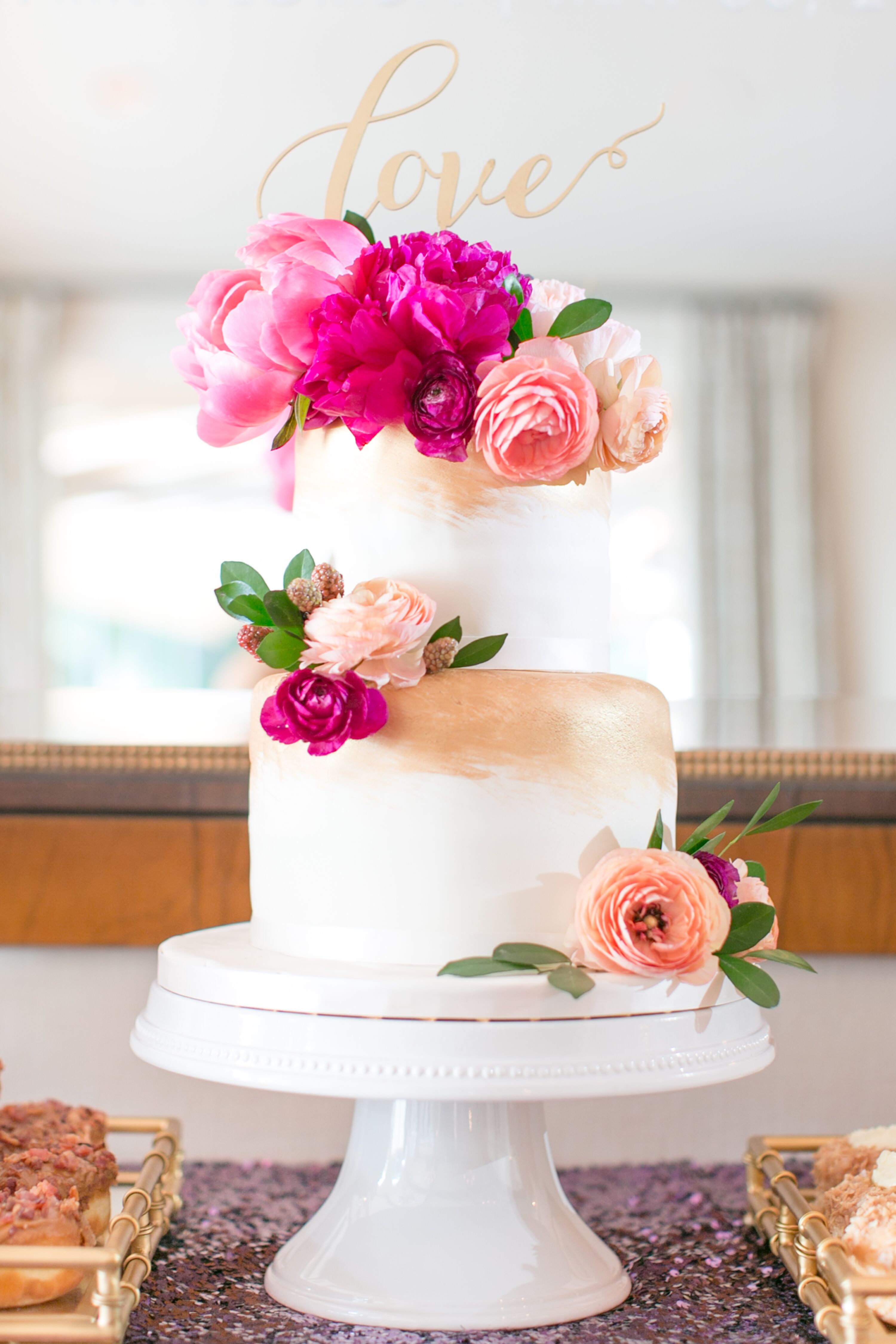 Hand-painted Gold Cake With Bright Pink Flowers