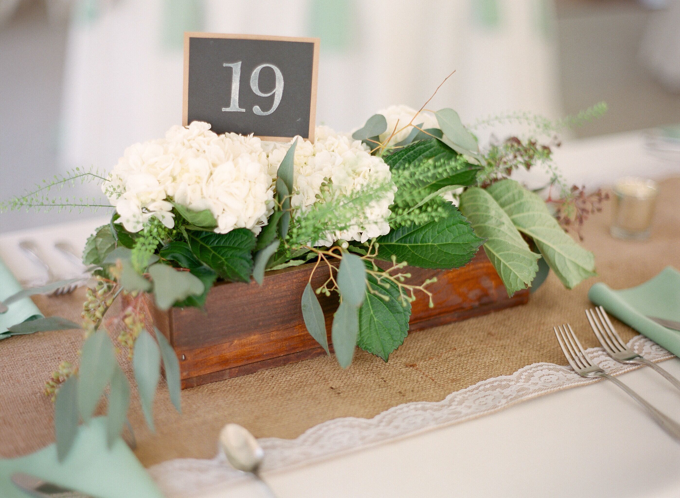 Rustic Green, White Boxed Centerpieces