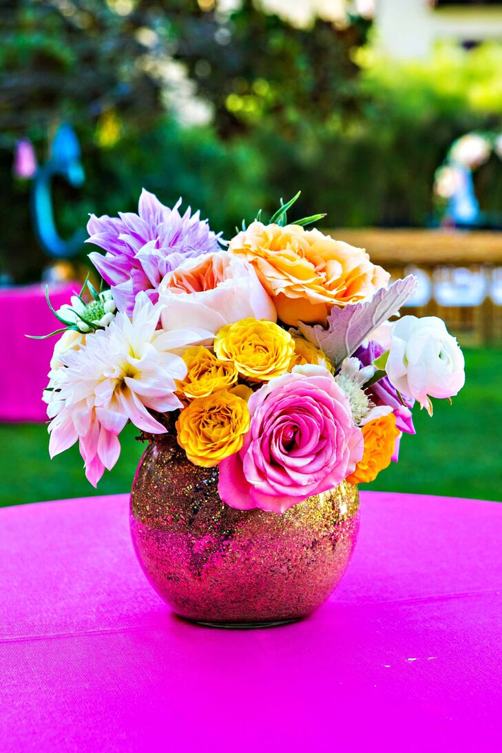 Colorful Flower Arrangement, Gold Vase