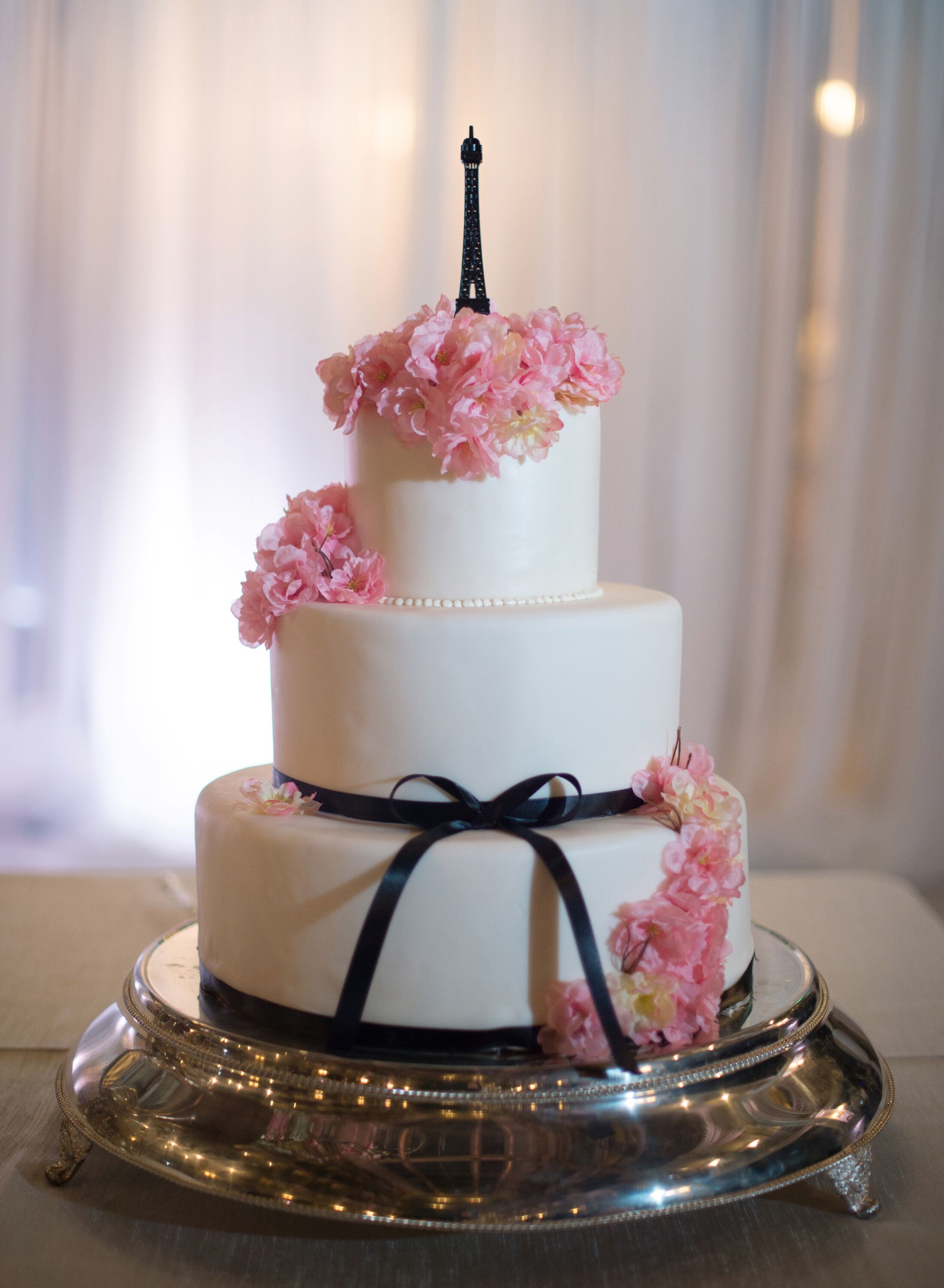 Wedding Cake With Eiffel Tower Cake Topper And Cherry Blossoms