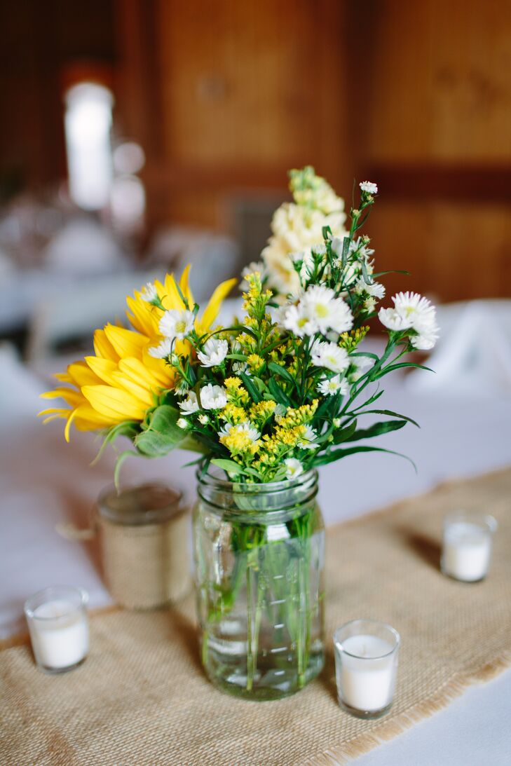 Yellow and White Wildflower-Filled Mason Jar Centerpieces