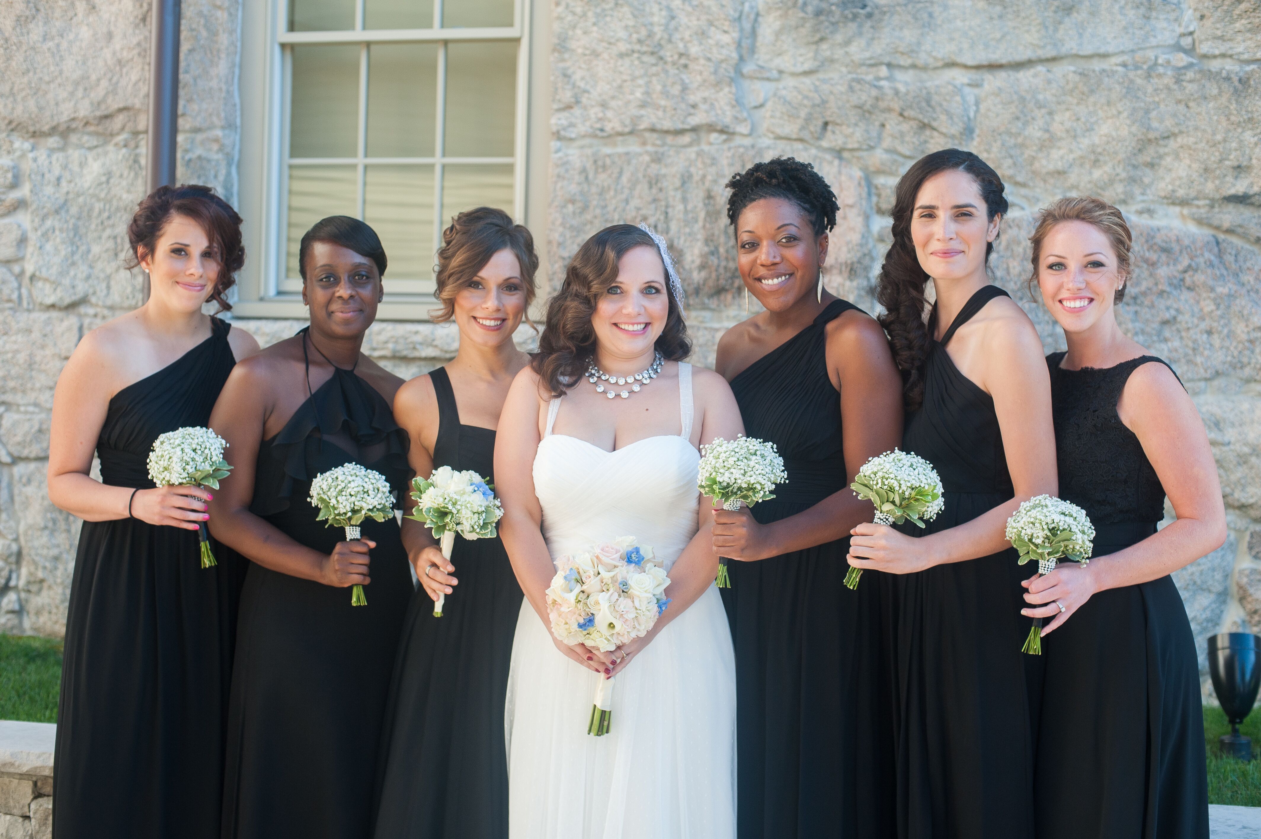 Mismatched Black Bridesmaid Dresses With White Bouquets 2934