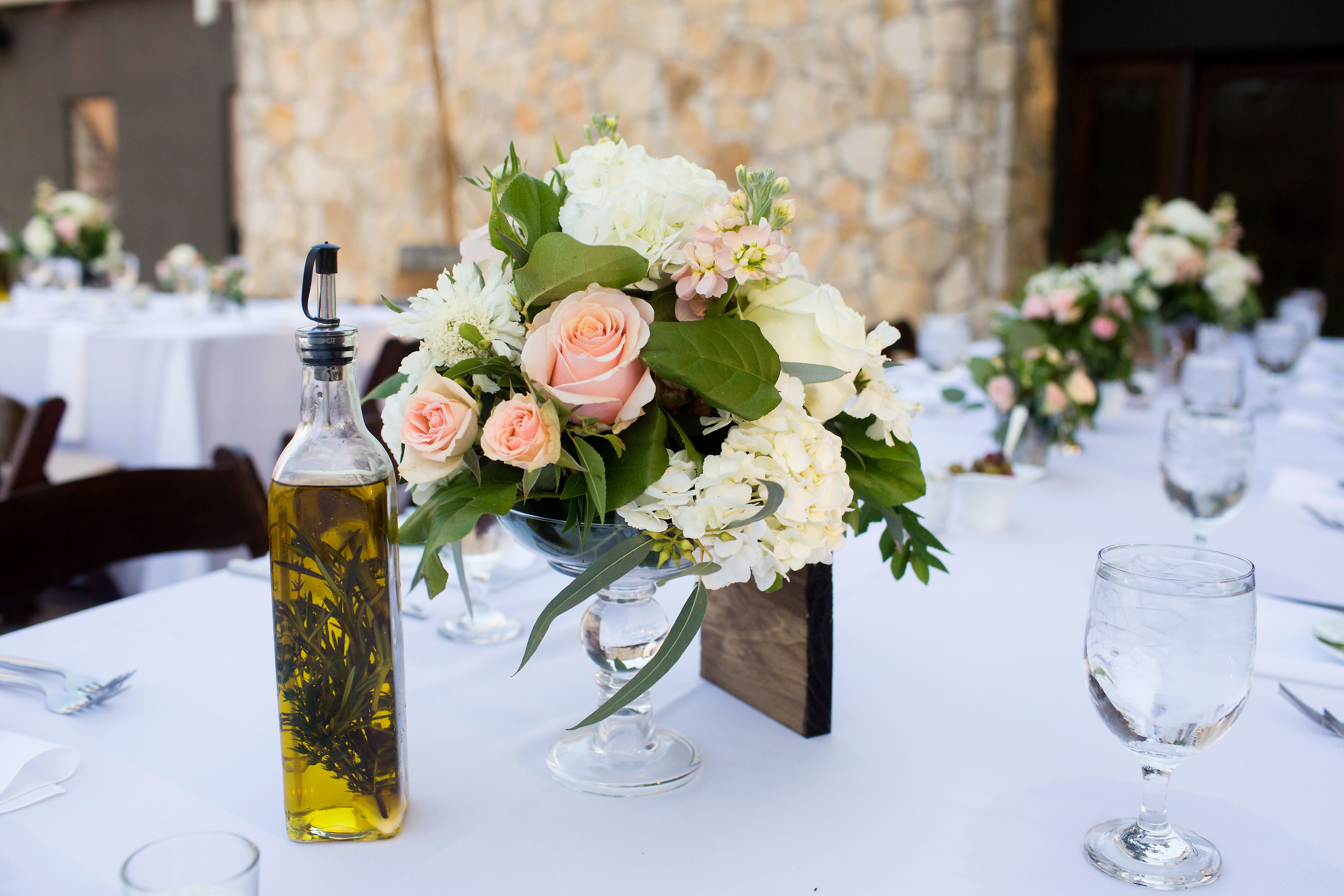 Romantic Italian Floral Arrangement with Olive Oil Centerpiece