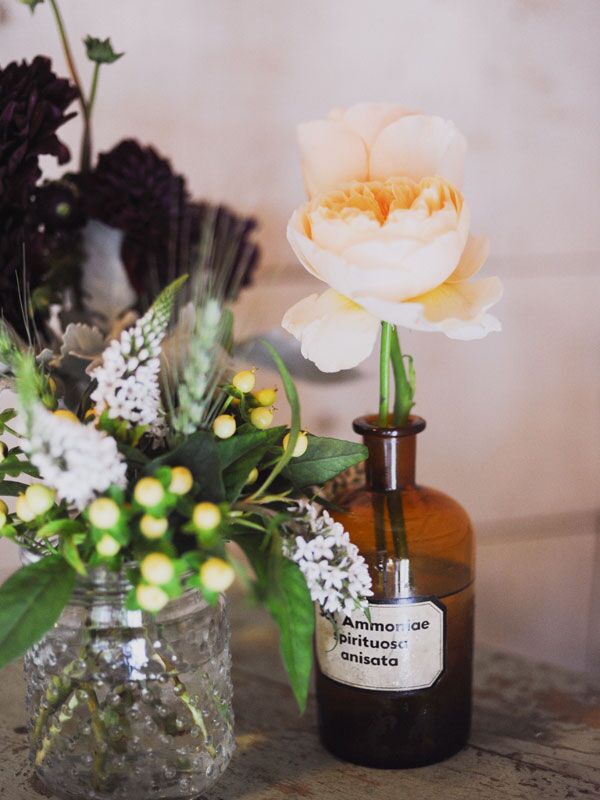 Garden Rose and Vintage Bottle Centerpieces