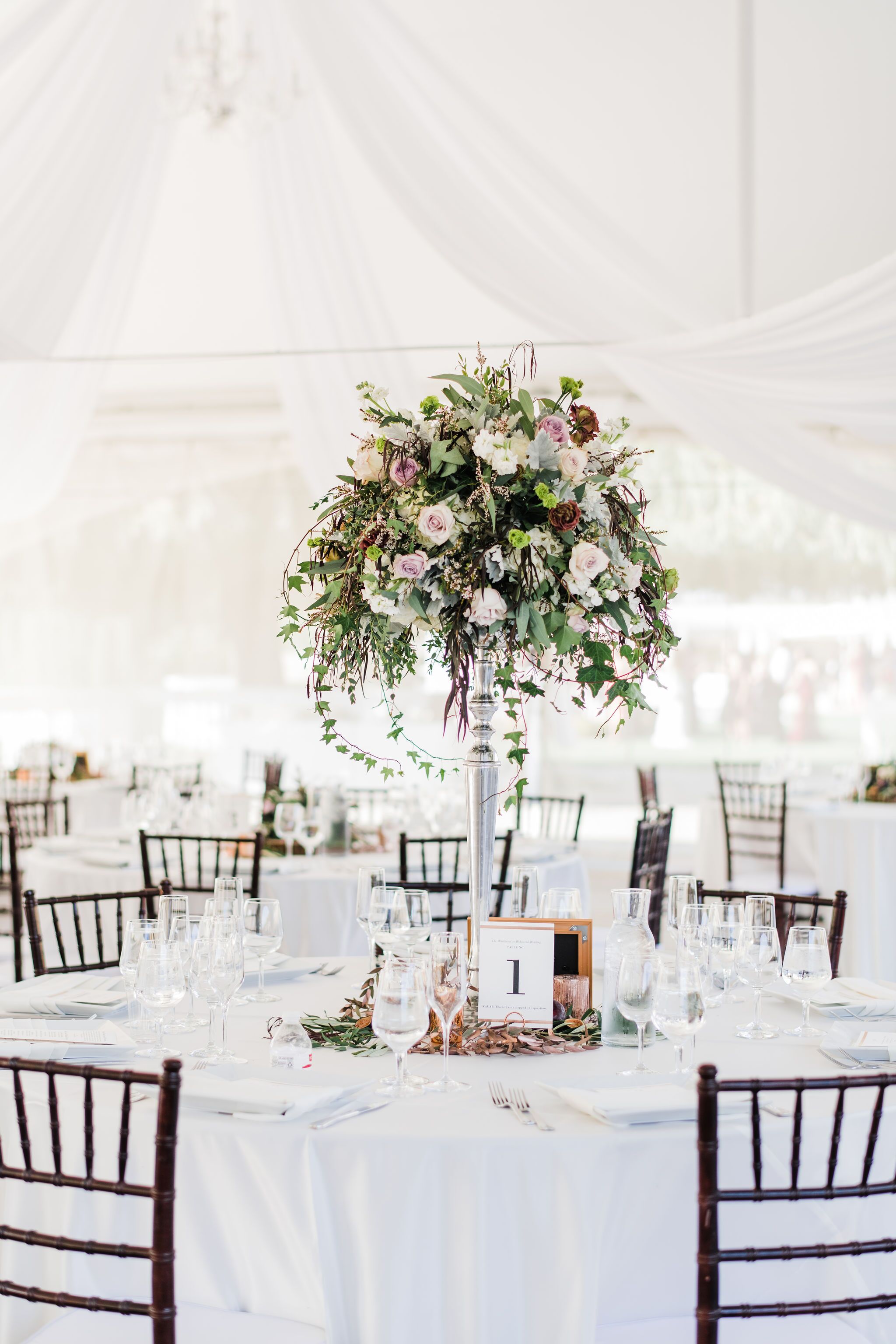 Tented Dining Tables with Tall Romantic Centerpieces