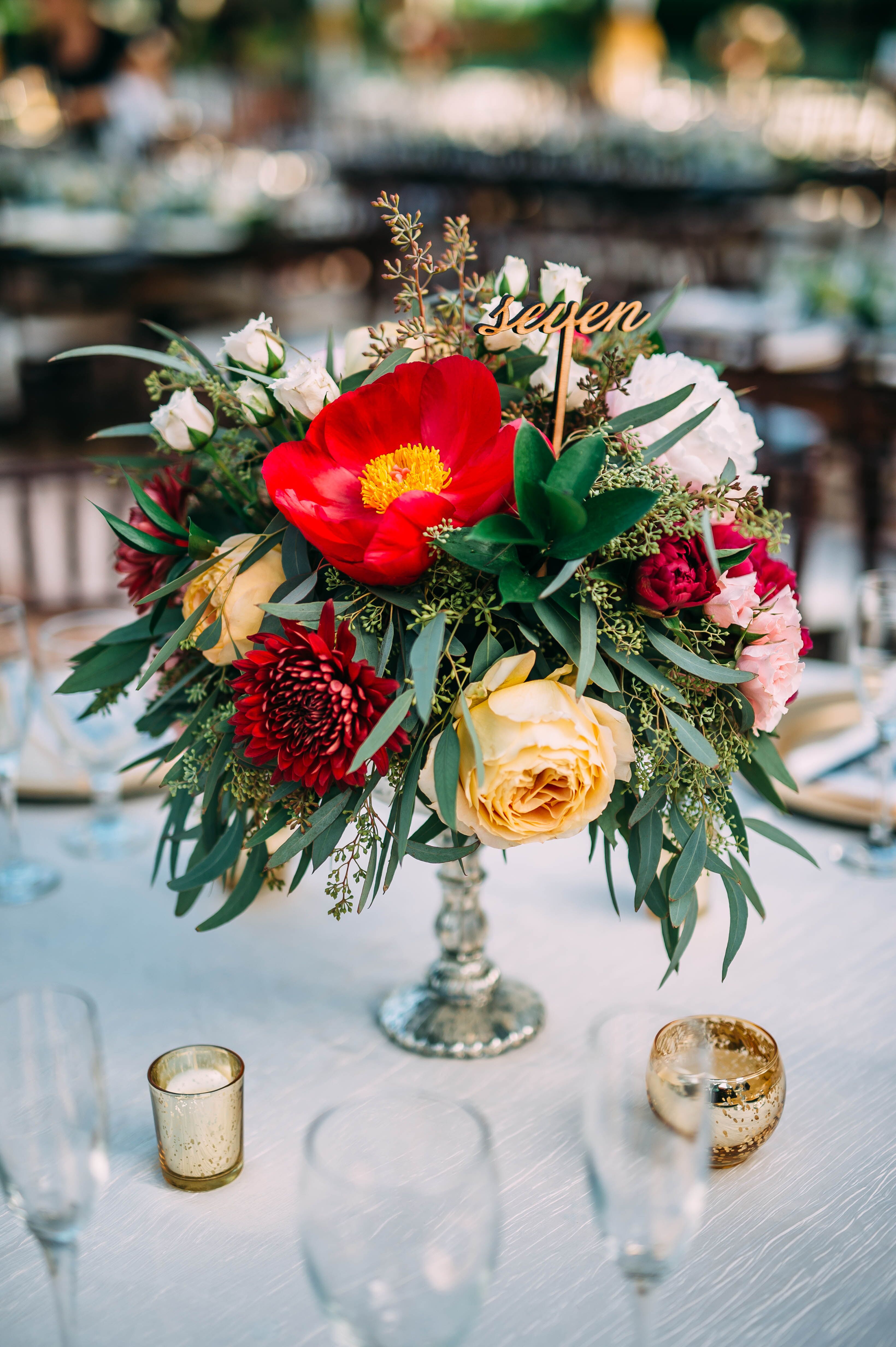 Peony and Dahlia Centerpiece with Seeded Eucalyptus