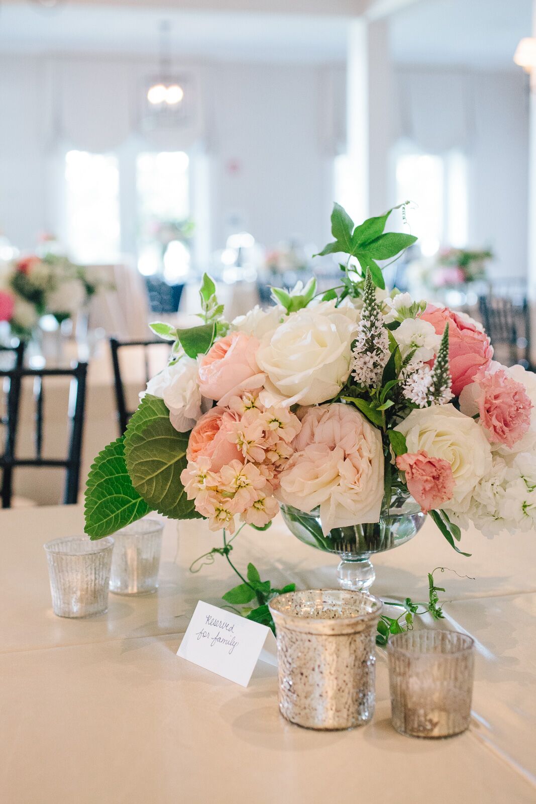 Veronica, Rose, Sweet Pea Centerpieces