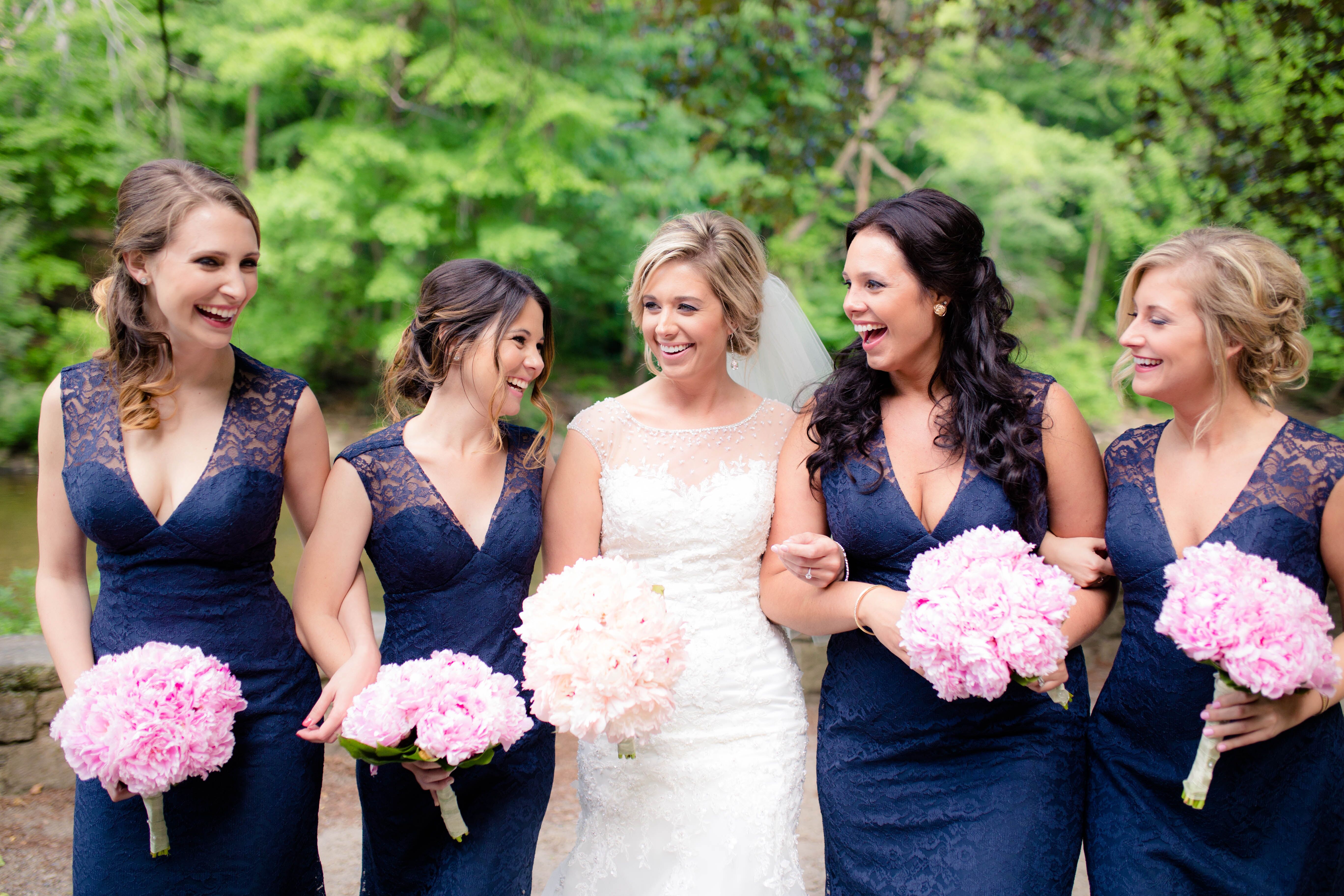 Navy Lace Bridesmaid Dresses and Pink Peony Bouquets