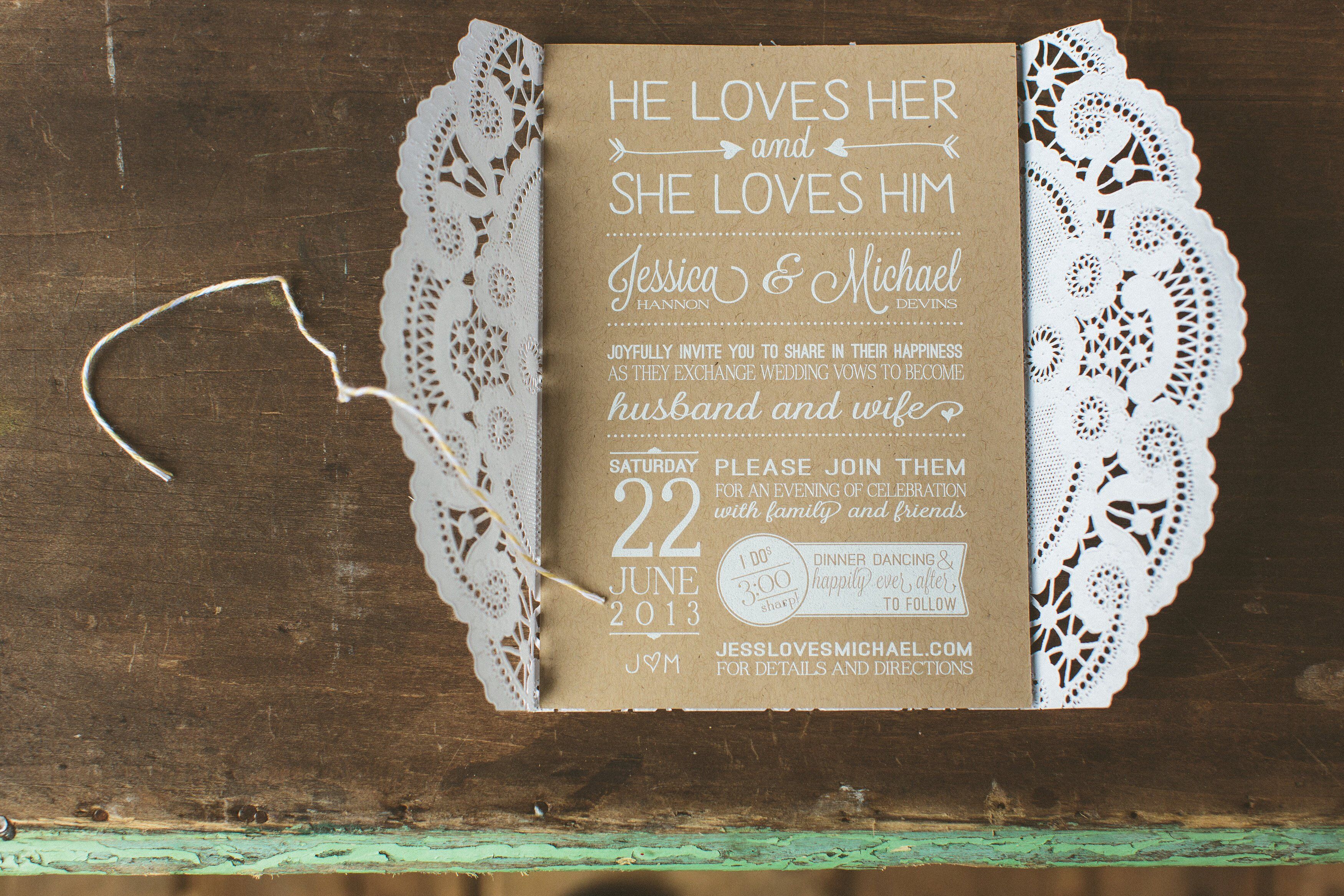 Lacy Brown & White Invitations