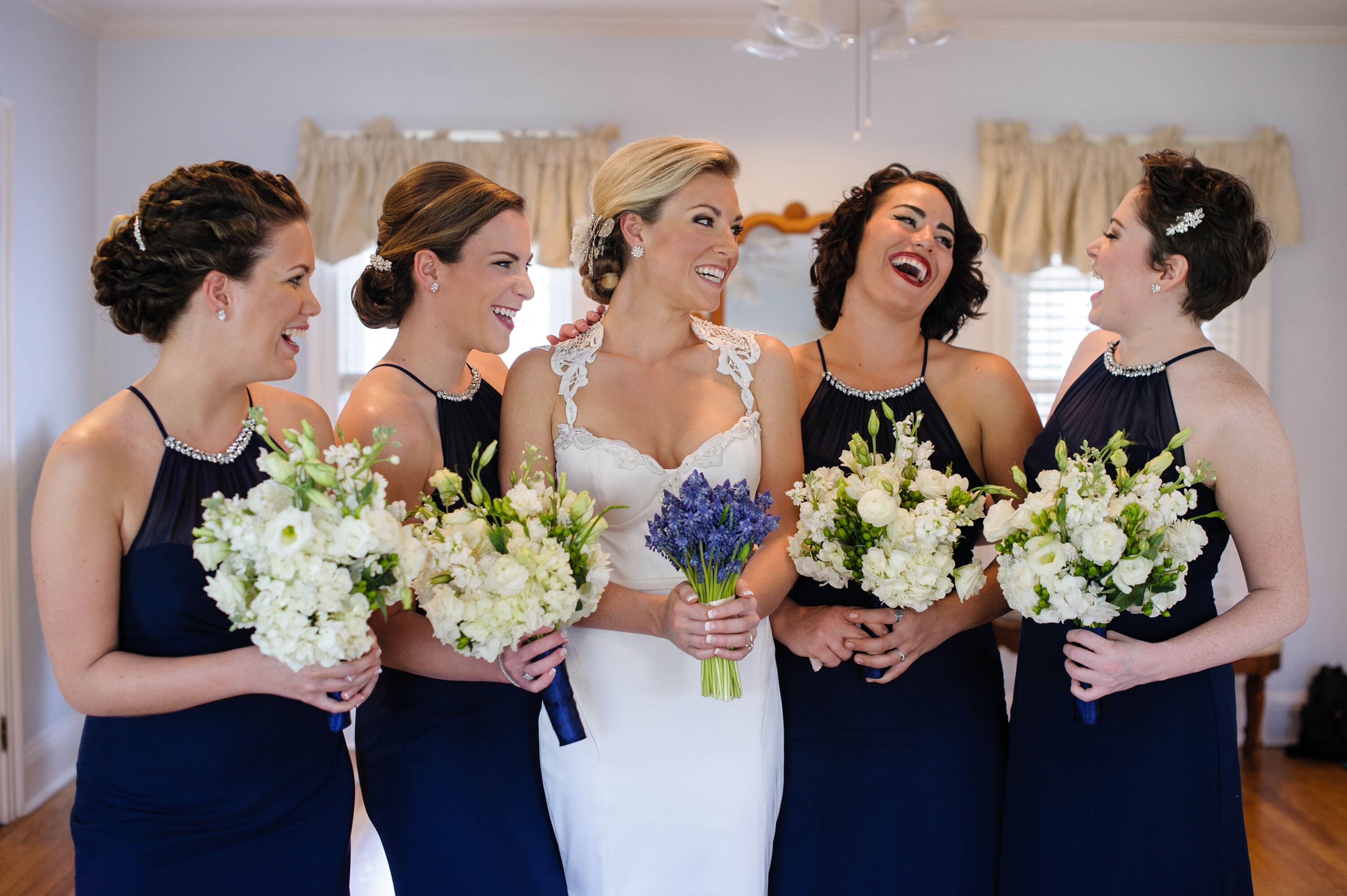 Navy Blue Bridesmaid Dresses and White Bouquets