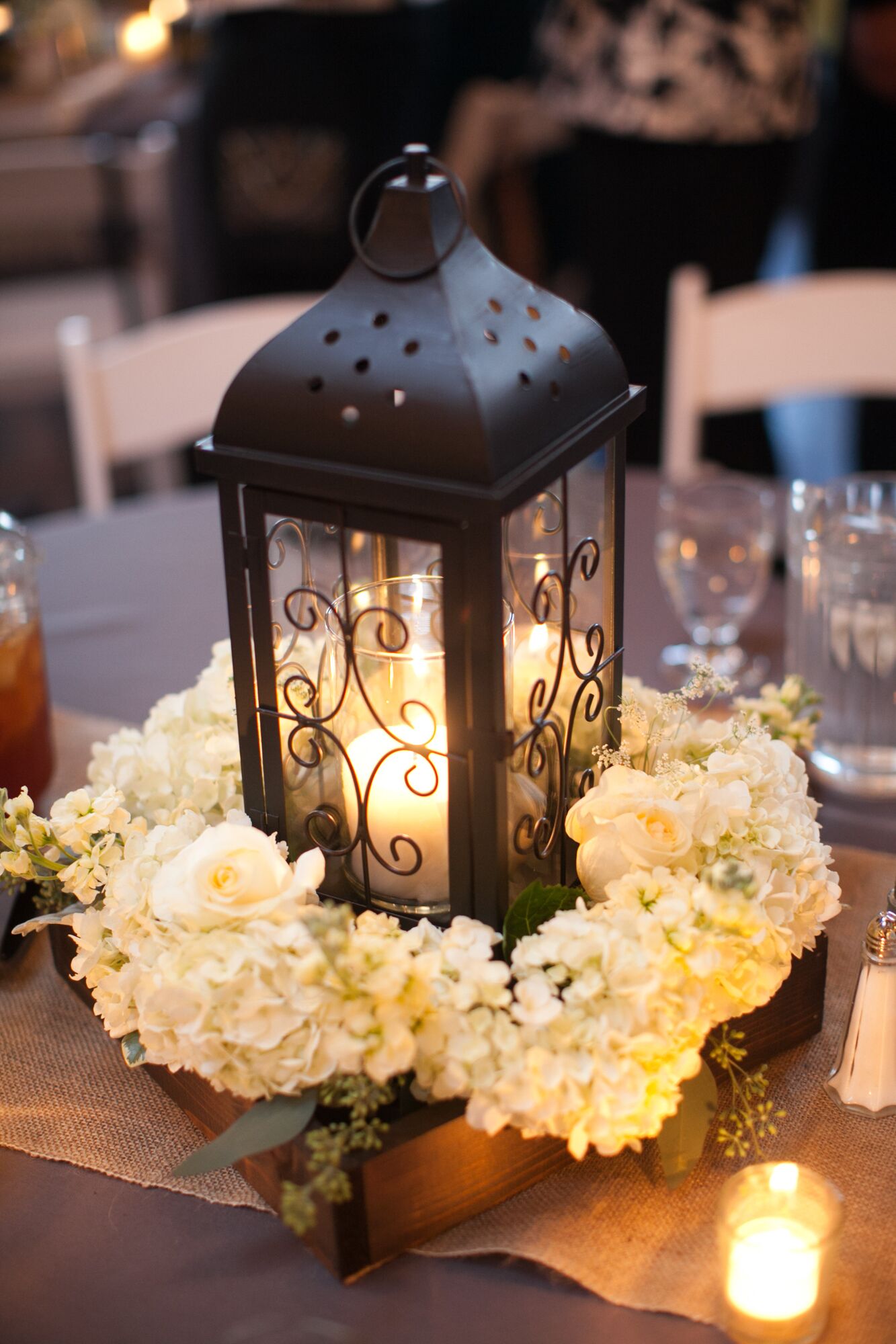 Black Lantern and White Hydrangea Centerpiece