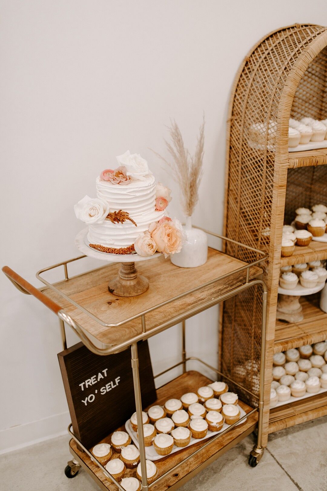 Wooden Cart with Bohemian Wedding Cake and Cupcakes