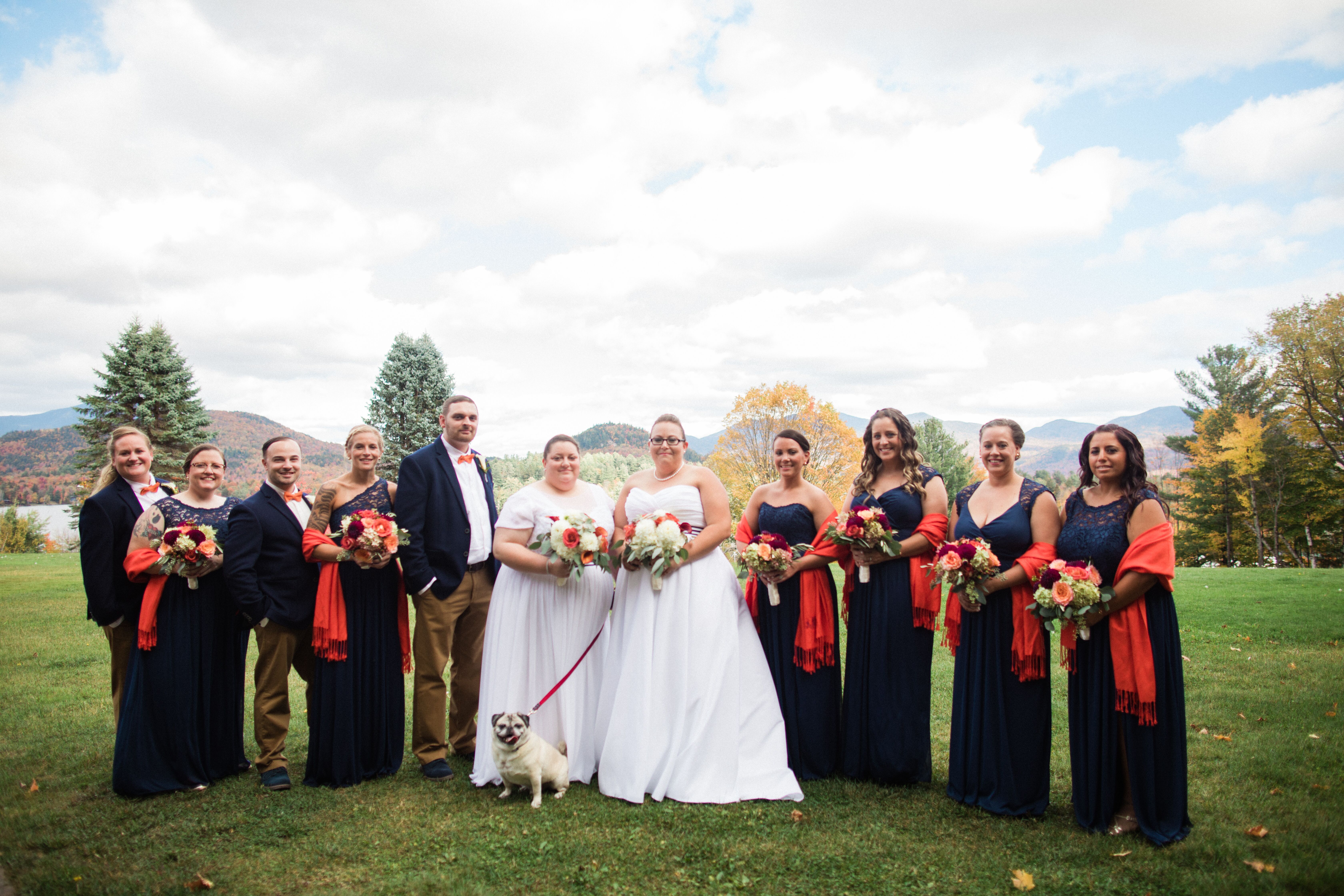 Navy and store orange bridesmaid dresses