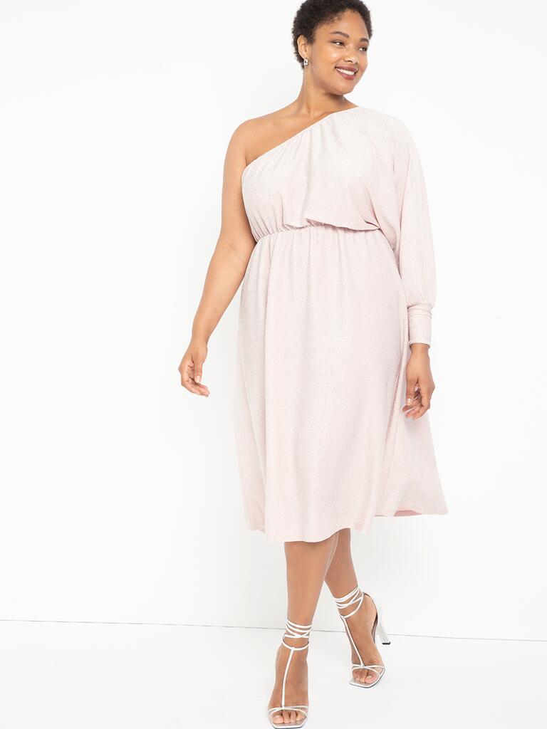 Blush pink plus size midi dress with one long sleeve