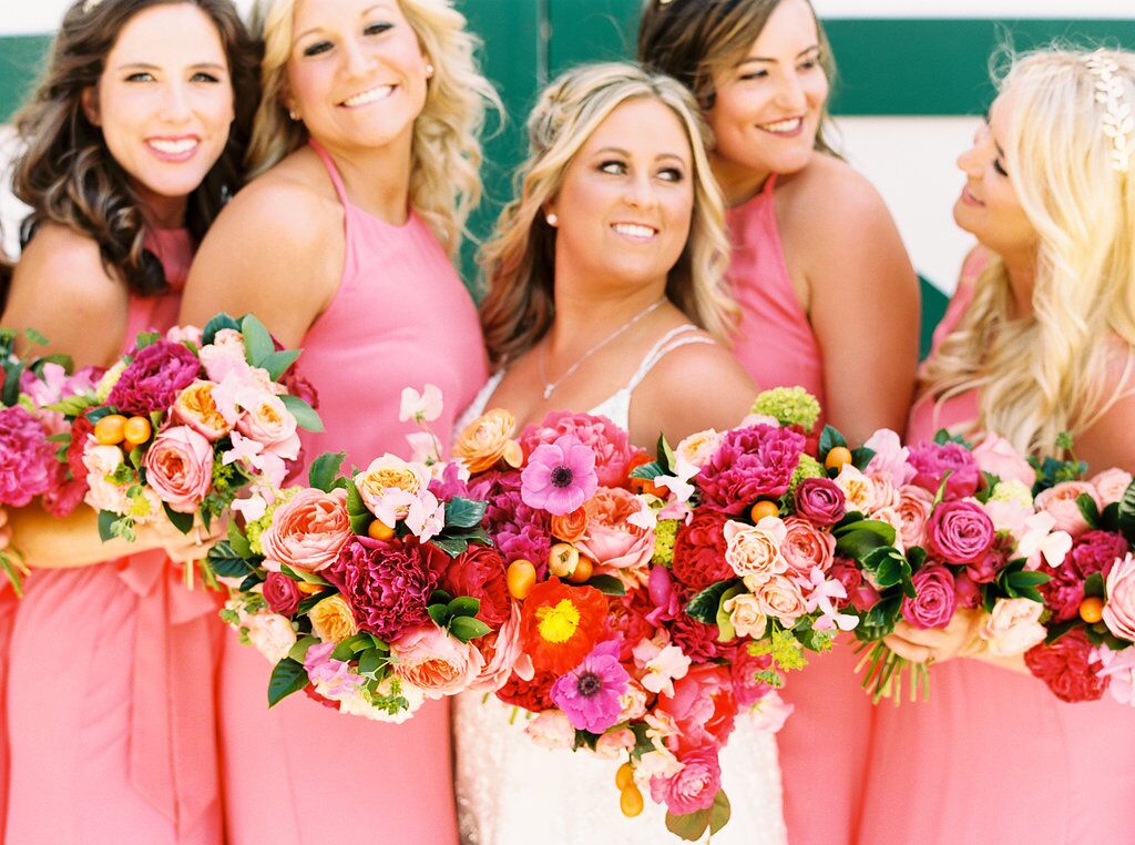 Orange and Pink Bouquets with Poppies, Ranunculus and Peonies