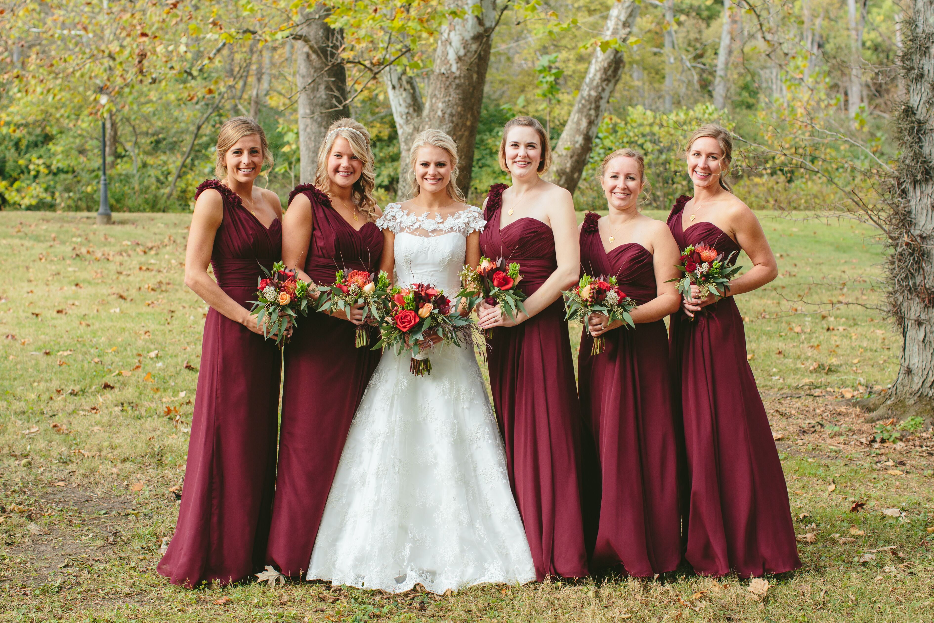 Burgundy floor on sale length bridesmaid dress