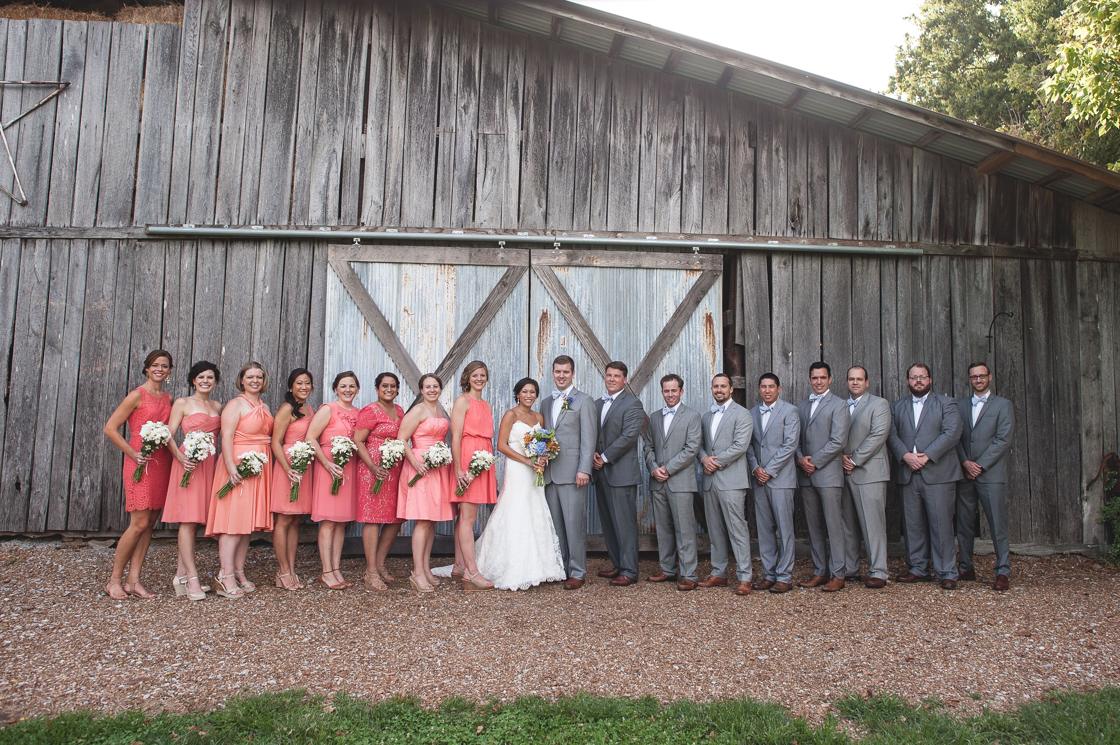 coral and grey dress