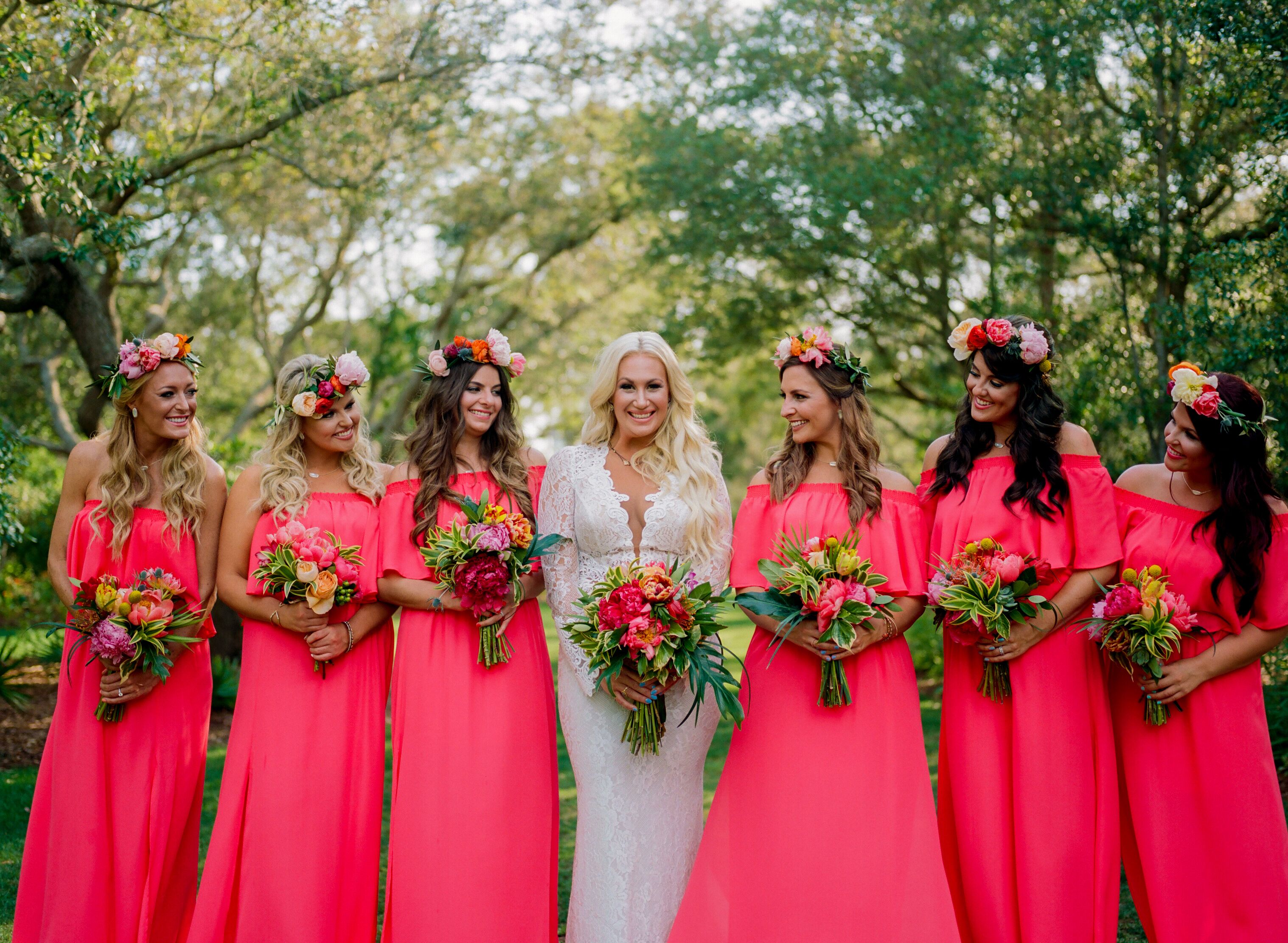 Bright coral cheap bridesmaid dresses