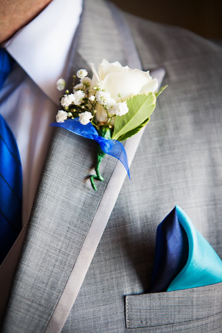 White Rose Boutonniere with Blue Ribbon