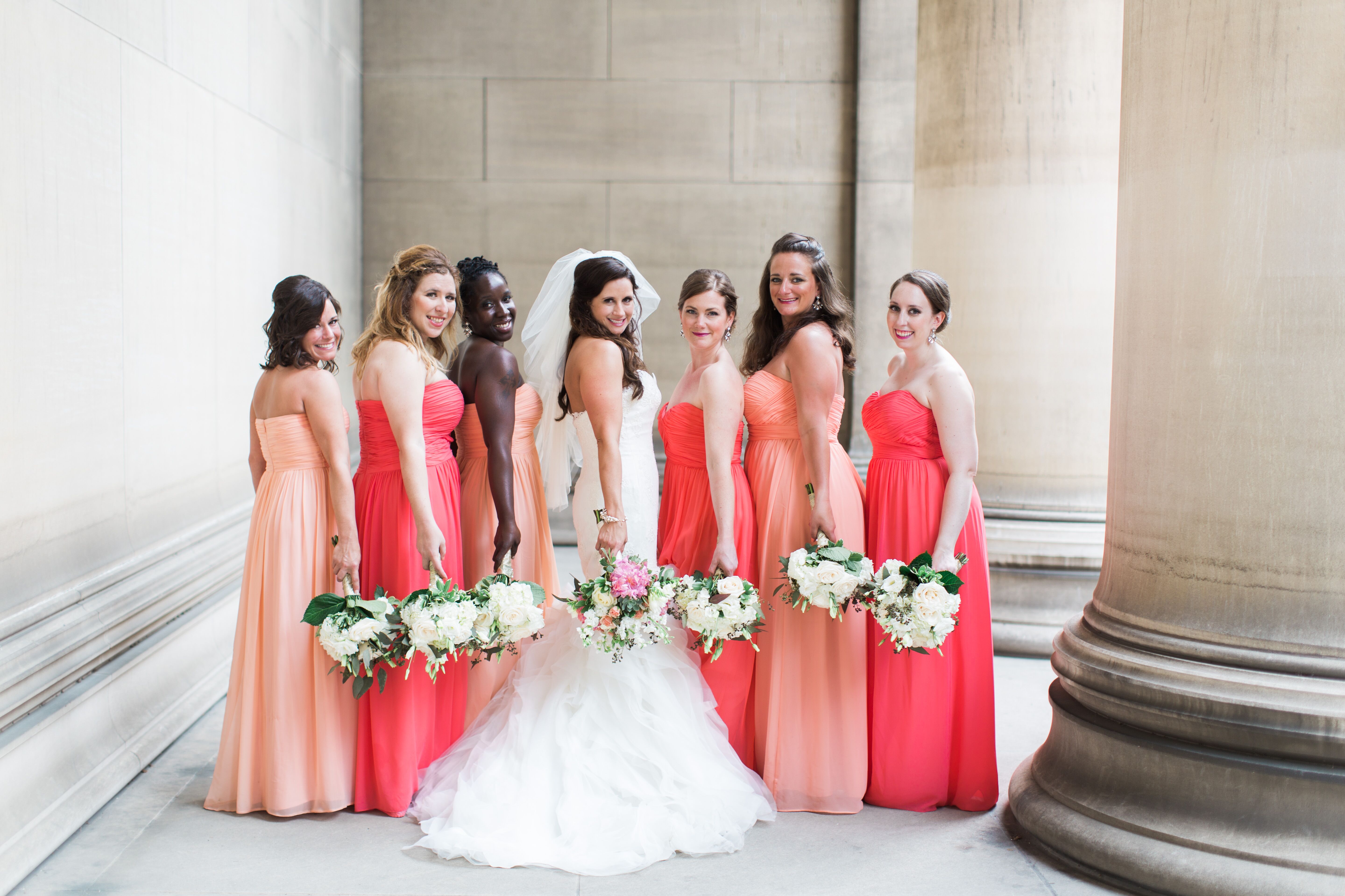 Long Coral and Peach Bridesmaid Dresses