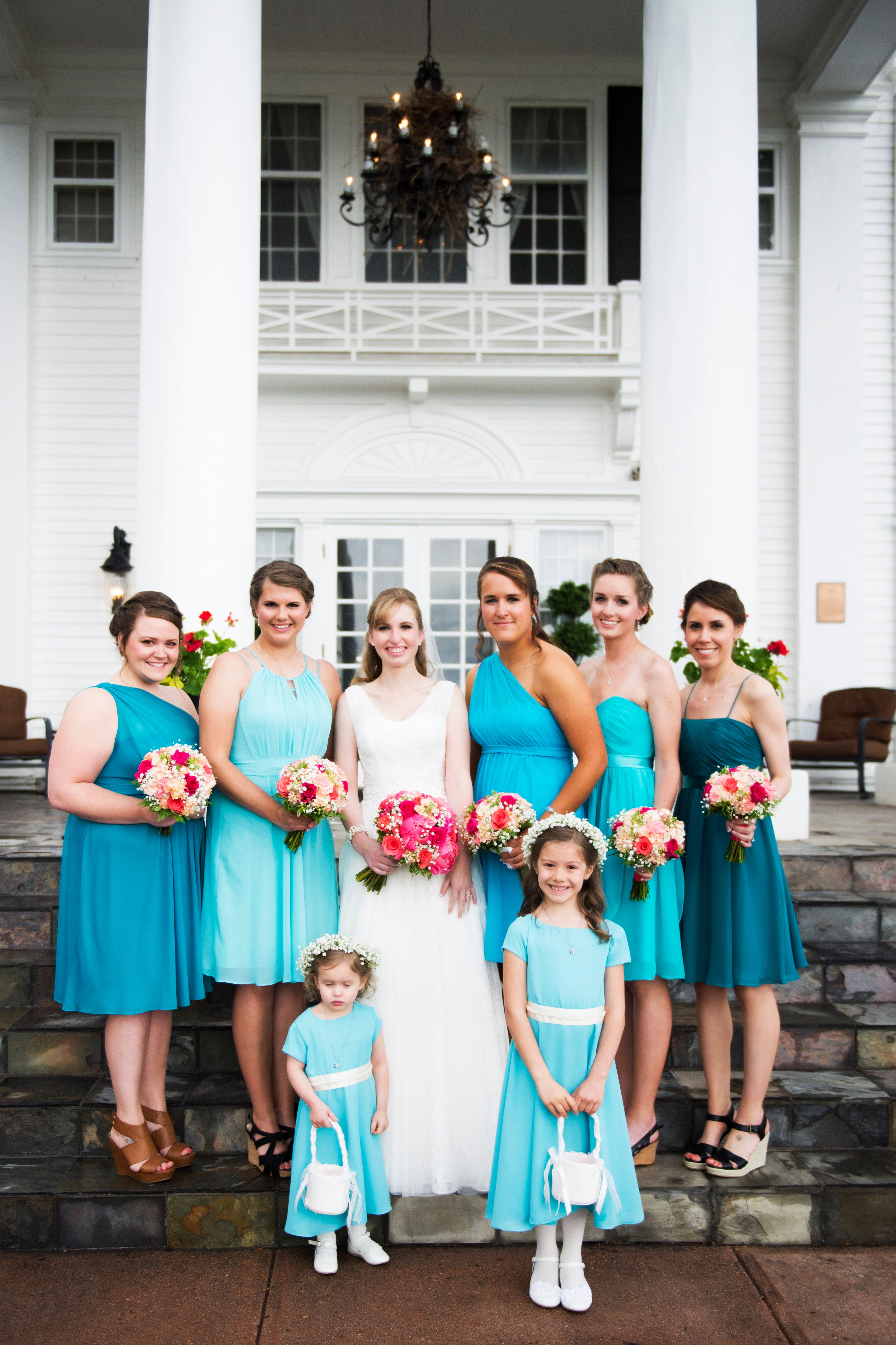 Mismatched Blue Knee Length Bridesmaid Dresses